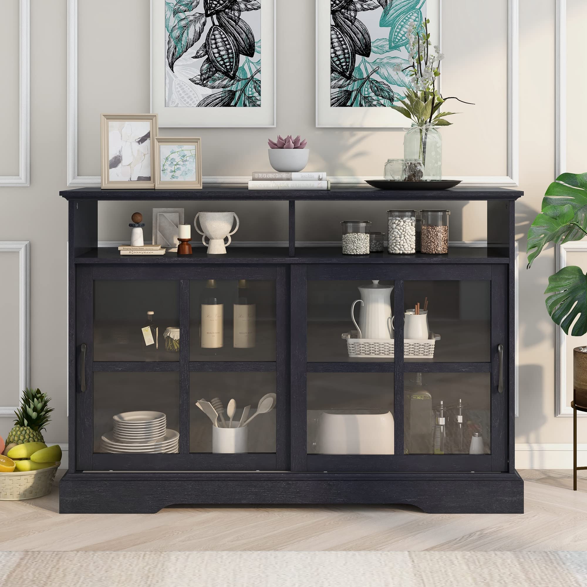 Modern Sideboard Buffet Cabinet with 2 Sliding Glass Doors - Kitchen Pantry Cabinet with Adjustable Shelves, Wooden Console Table for Living Room, Dining Room & Entryway - Perfect for Storage & Display (Black)
