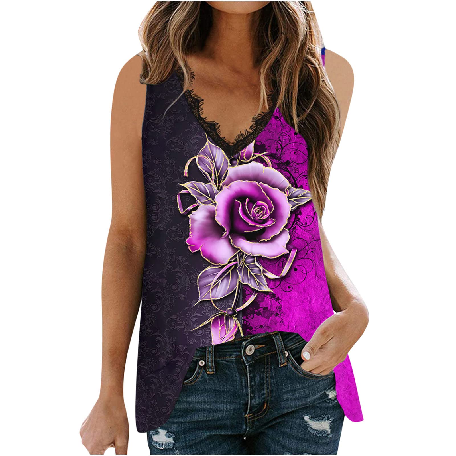 Ylioge Women's Summer 3D Printed Graphic Tank Tops - Sexy Lace Trim Casual Blouse & Tunic Tee Shirts | Perfect for Beach Outings, Music Festivals & Summer Vacations