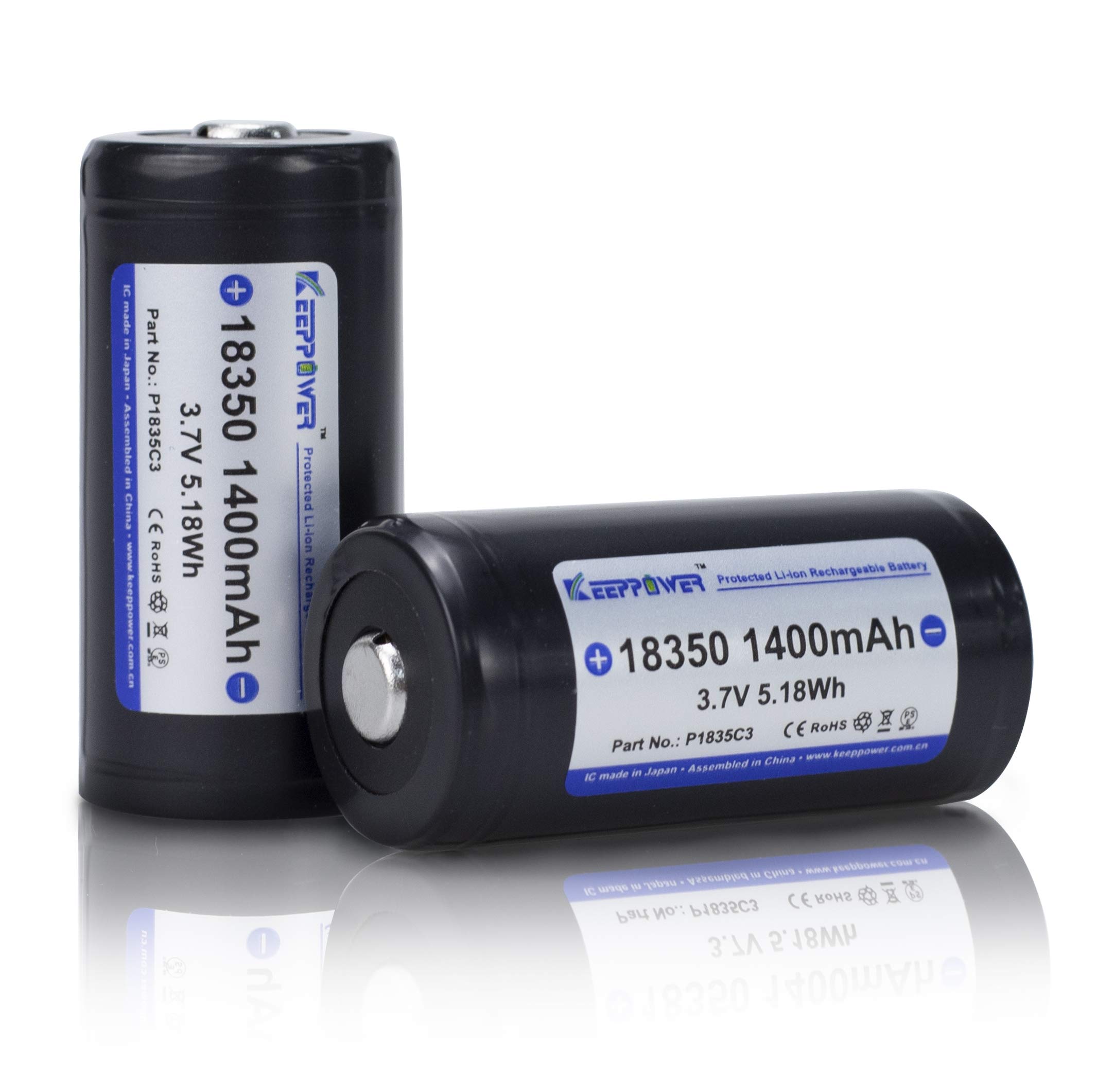 Keeppower Protected 18350 Li-ion Rechargeable Battery 3.7V 1400mAh 5.18Wh Button Top - 2 Pack for Flashlights, LED Torches & Emergency Lights (Not IMR18350)