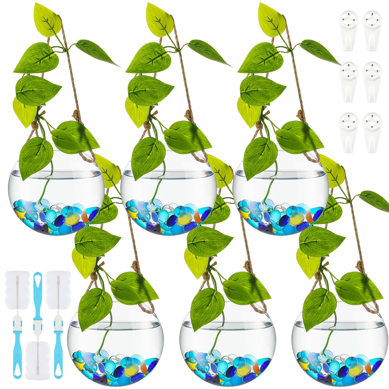 6 Pack Glass Wall Hanging Planters - Round Terrarium Vases for Air Plants, Hydroponic Propagation & Flowers | Indoor Home Decor, Office & Window Display (Waterproof Containers)