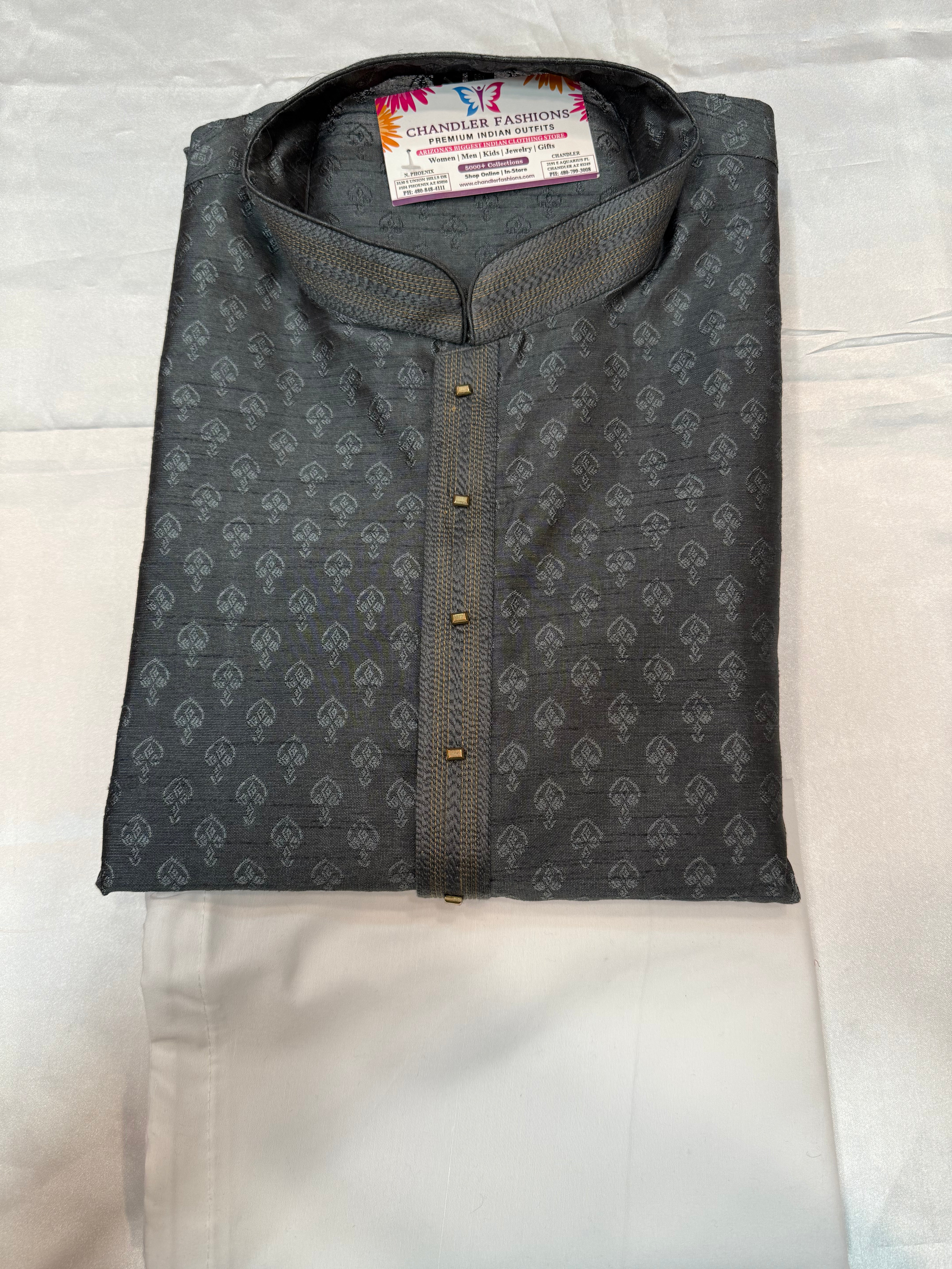Elegant Gray Jacquard Embroidery Men's Kurta - Traditional Indian Tunic for Festivals, Weddings & Special Occasions