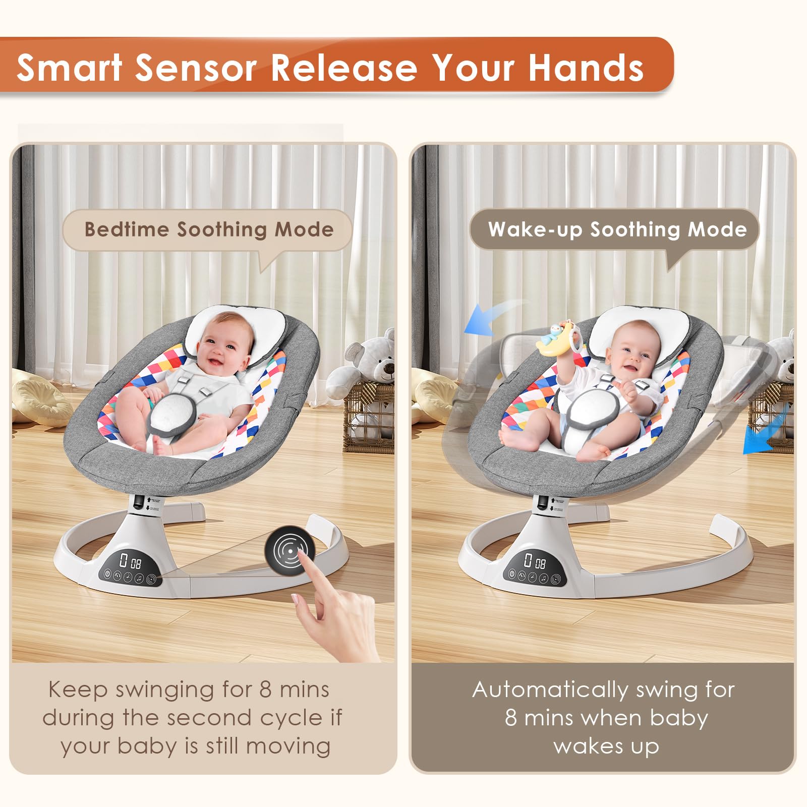 Baby Swing with 5 Speed Settings & 12 Soothing Lullabies - Bluetooth Portable Infant Rocker with Soft Fabric, 3 Timer Modes & Remote Control - Perfect for Newborns 5-20 lbs (Gray) - Ideal for Nursery, Bedtime & Soothing Fussy Babies