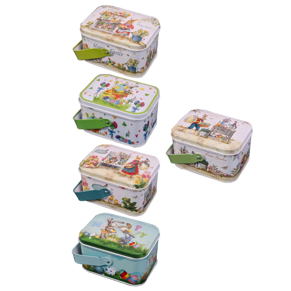 HEMOTON Easter Cookie Tins with Handle - 5pcs Rectangular Gift Box Tinplate Containers for Chocolate, Candy, Christmas Party - Assorted Colors (Great for Holiday Gifting, Cookie Storage & Party Favors)