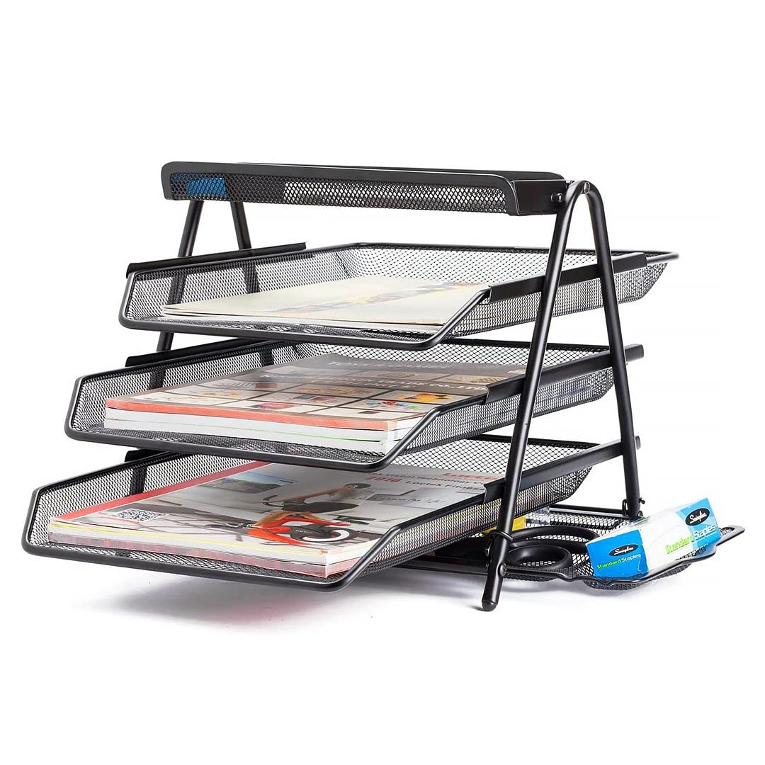3-Tier Mesh Desk Organizer with Sliding Paper Trays - Black Office File Storage Solution for Home & Office Workspace Accessories (Perfect for Organizing Documents, Stationery and Office Supplies)