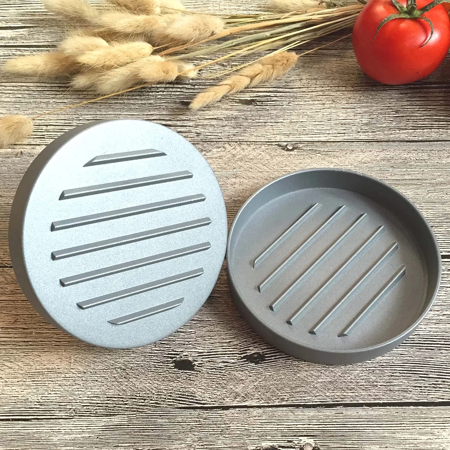 Premium Aluminum Burger Press & Hamburger Patty Maker with 50 Non-Stick Patty Papers - Perfect for BBQ, Grilling, Backyard Cookouts & Home Kitchen Use (Grey)
