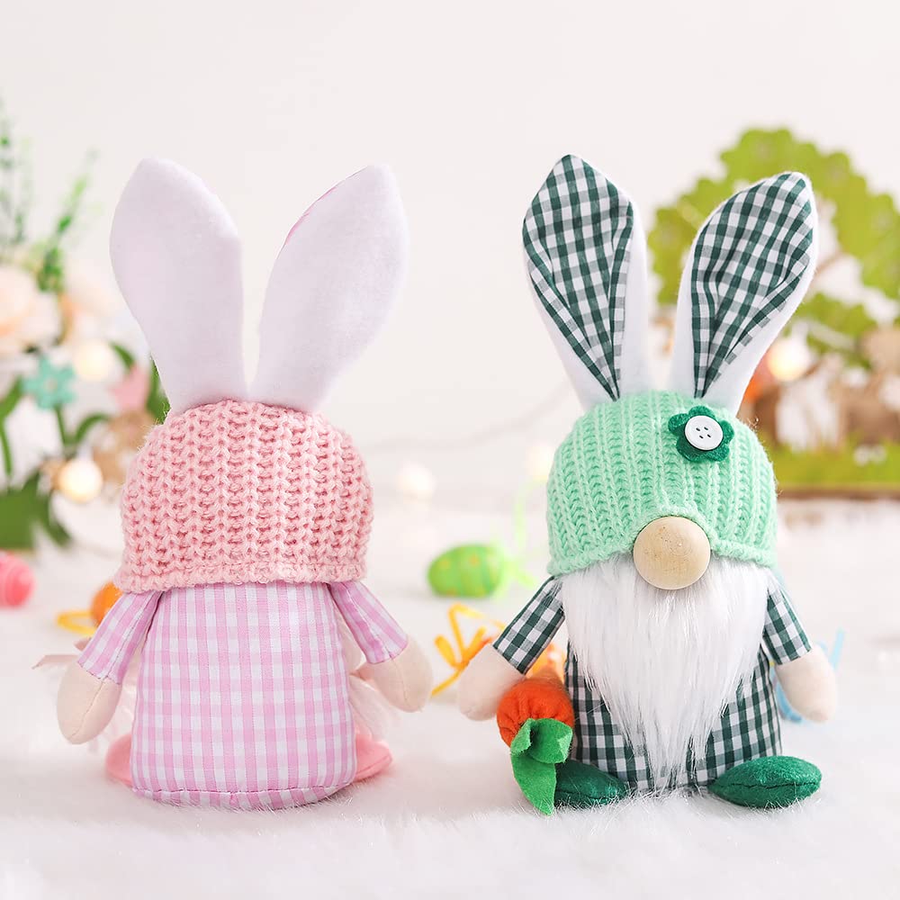 2Pcs Easter Bunny Gnomes - Spring Home Decor, Faceless Plaid Doll Shelf Sitters for Tiered Trays - Cute Easter Basket Fillers & Gift Ideas for Spring Party Decorations