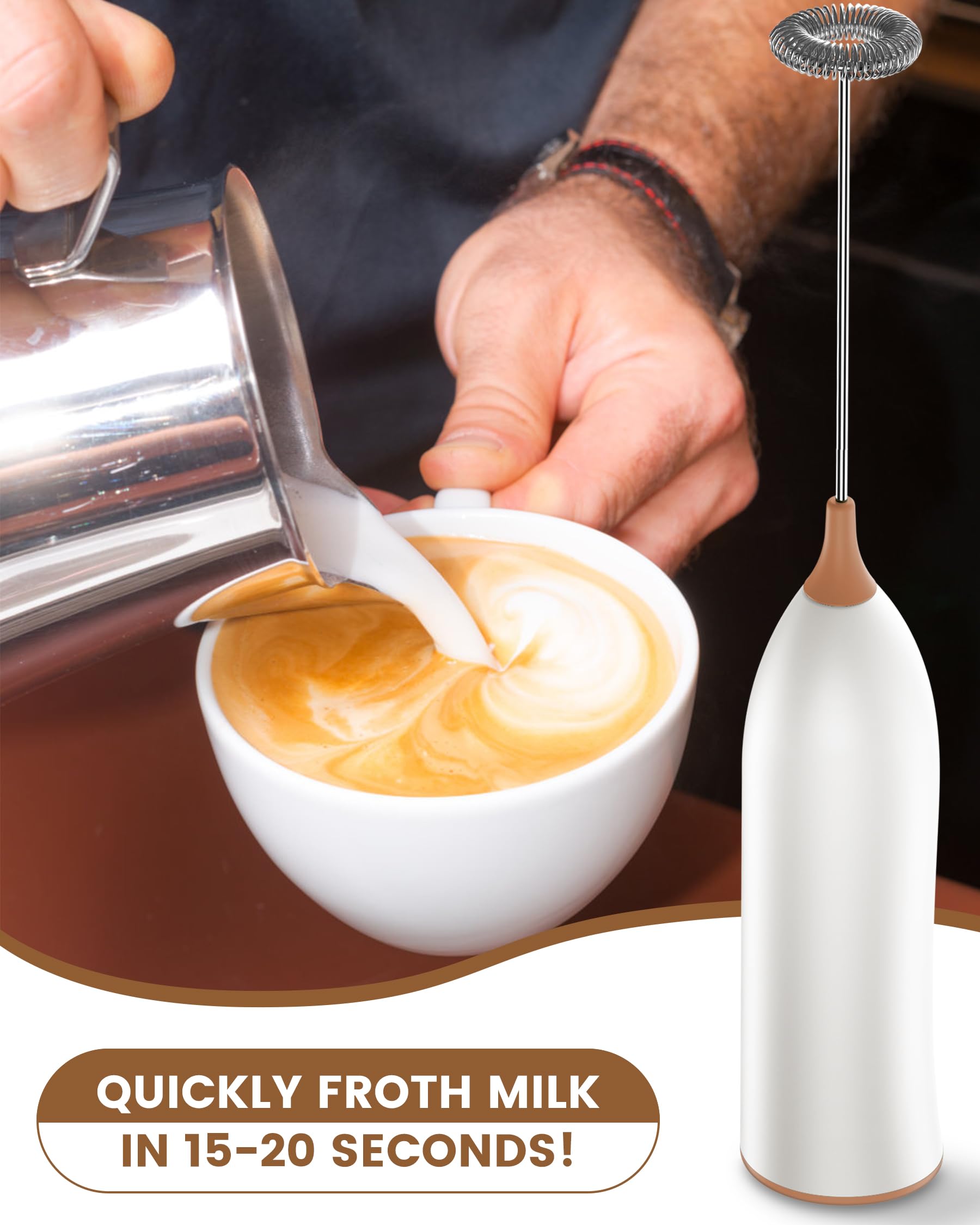 USB-C Rechargeable Milk Frother - Powerful Handheld Electric Whisk for Coffee, Latte, Cappuccino, Mocha & Protein Shakes - Perfect for Home Baristas & Office Coffee Breaks (Brown)