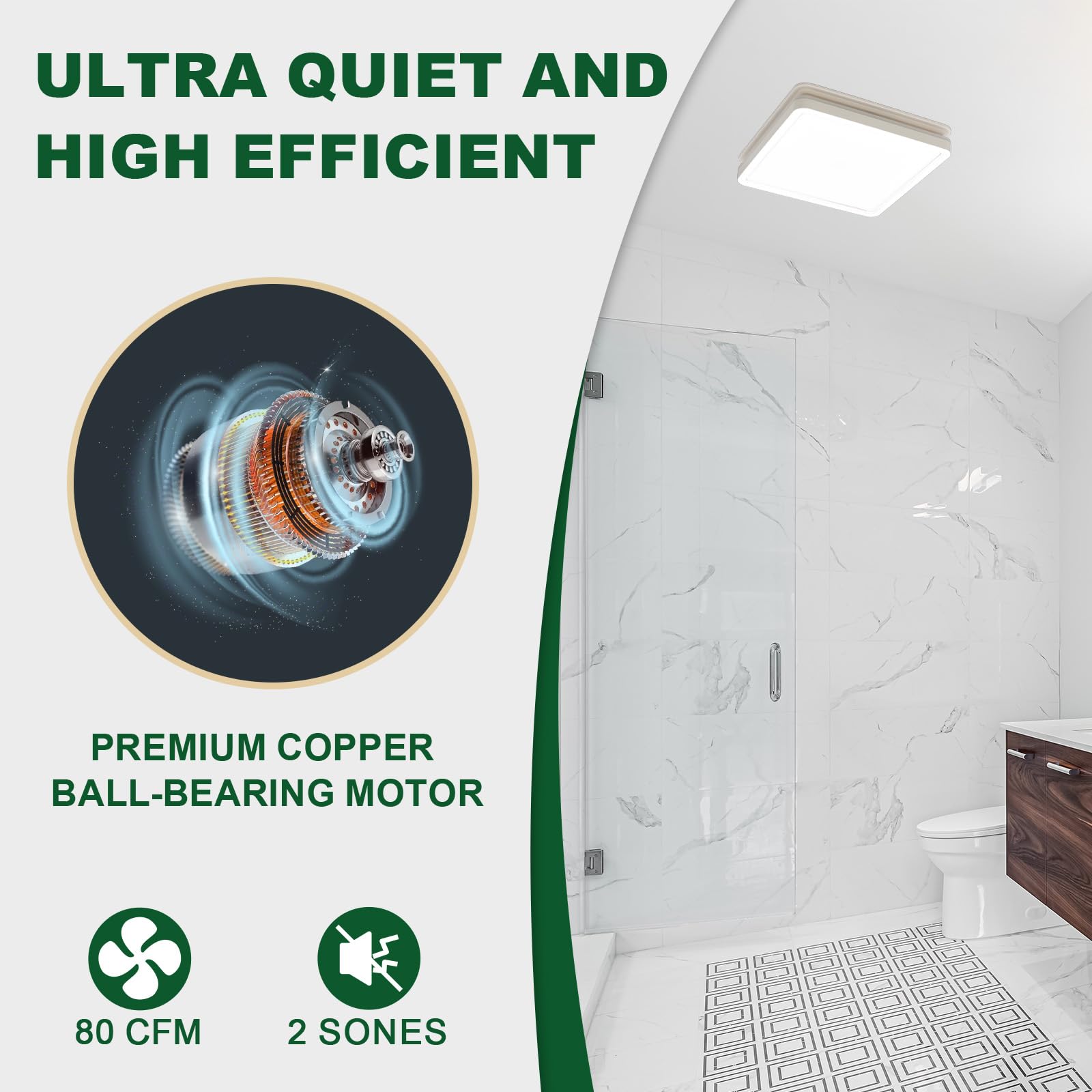 Akicon 80CFM Bathroom Exhaust Fan with Dimmable LED Light & Nightlight - Ultra Quiet 2.0 Sones Ceiling Ventilation Fan, 15W 3CCT Shower Light for Home Bathroom - Perfect for Moisture Control & Air Circulation in Bathrooms, Showers, and Laundry Rooms (Square, White)
