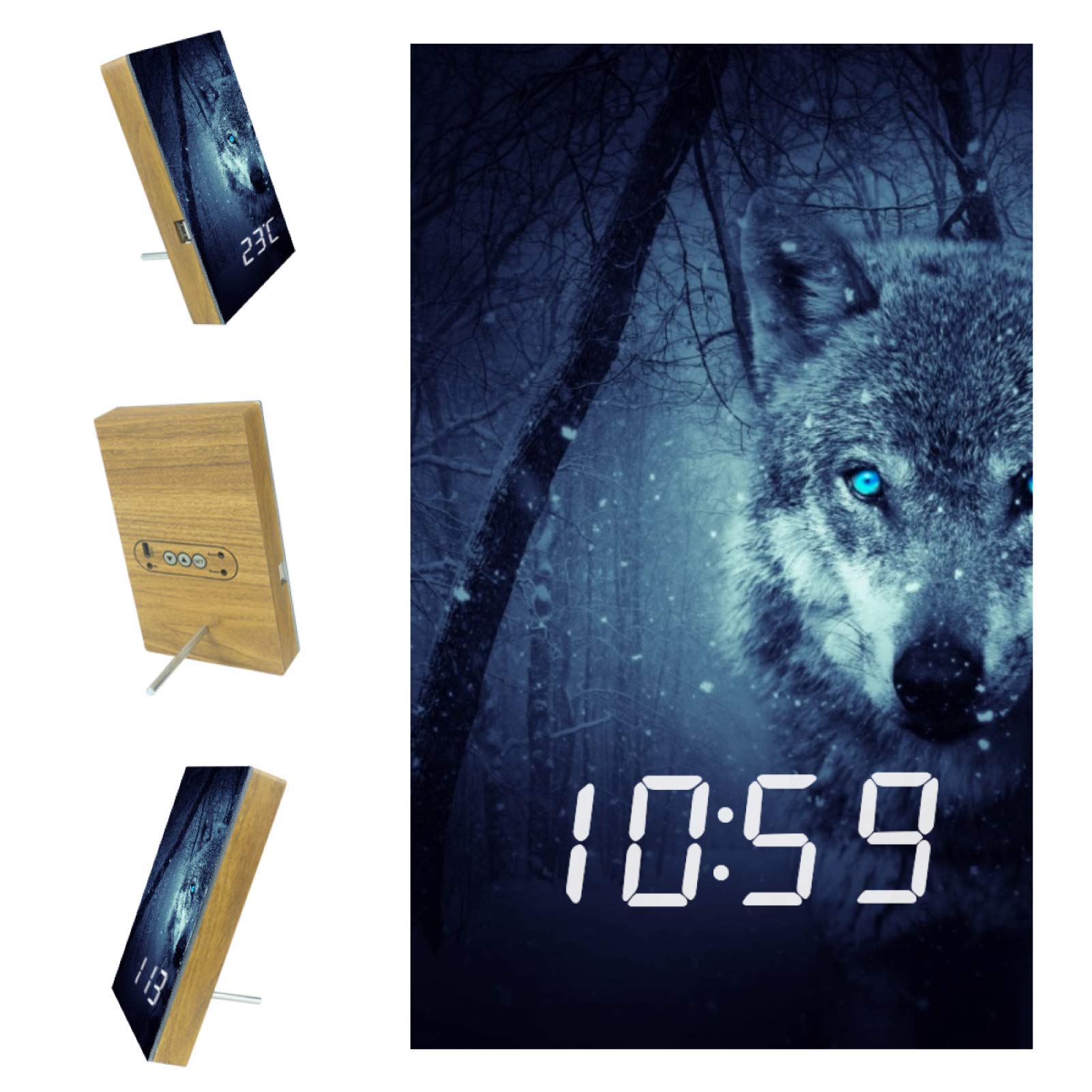 Lyetny Wolf Alarm Clock with USB Charger, Digital LED Display, Adjustable Brightness - Perfect for Bedroom, Office, and Travel Use