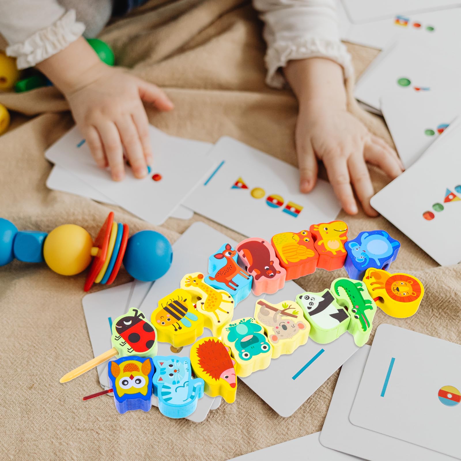 Montessori Wooden Animal Beads Threading Toy Set - Educational Toddler Beading Activity for Fine Motor Skills Development | Perfect for Preschool Learning, Daycare Centers & Home Playtime