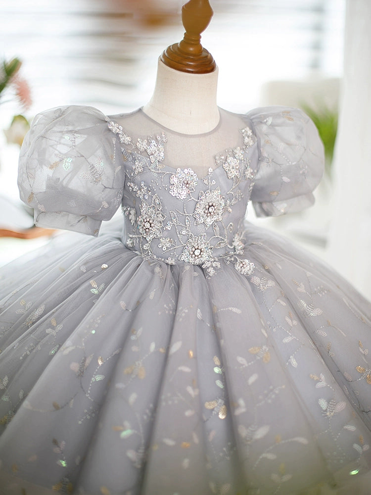 Elegant Grey Organza Flower Girl Dress - Princess Round Tea-Length for Weddings & Special Occasions