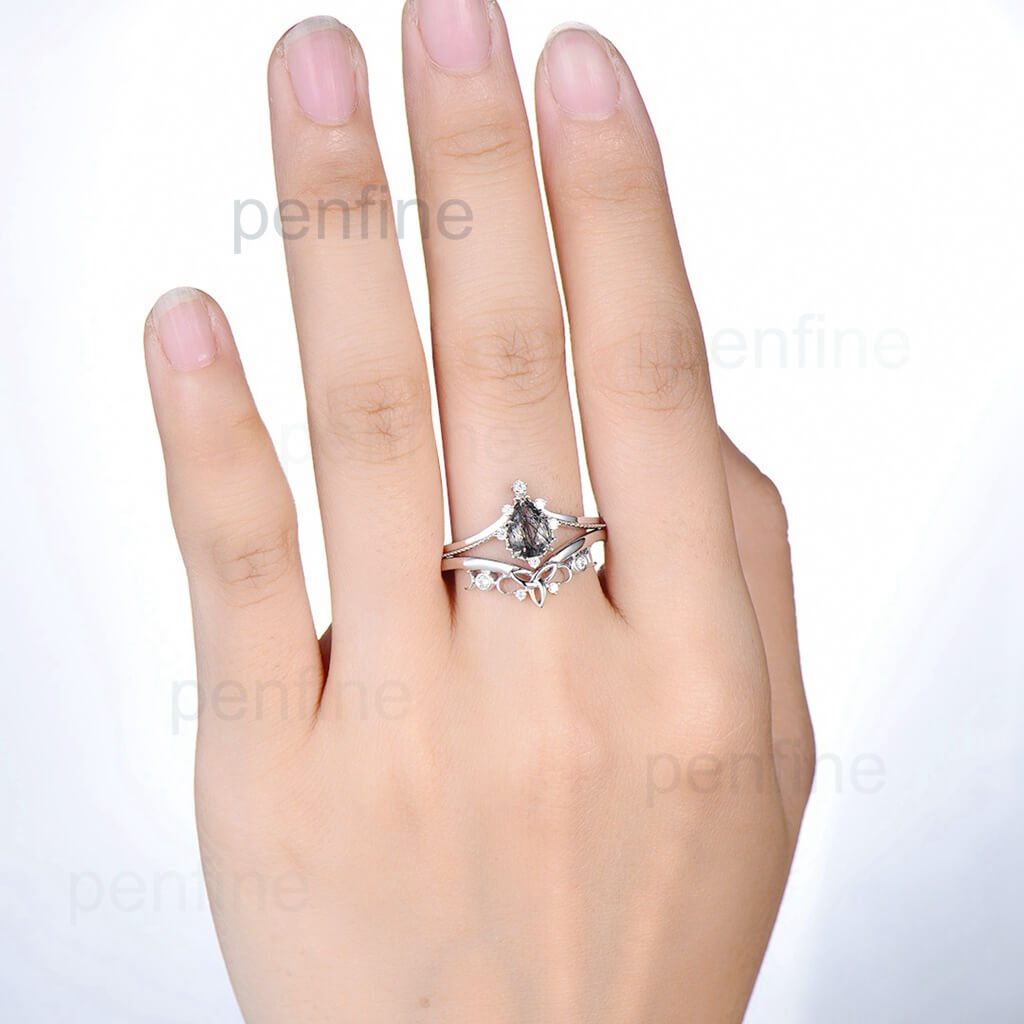 Vintage Art Deco Black Rutilated Quartz Engagement Ring Set - 2 Piece Bridal Wedding Band for Women, Perfect for Proposals, Anniversaries & Special Occasions