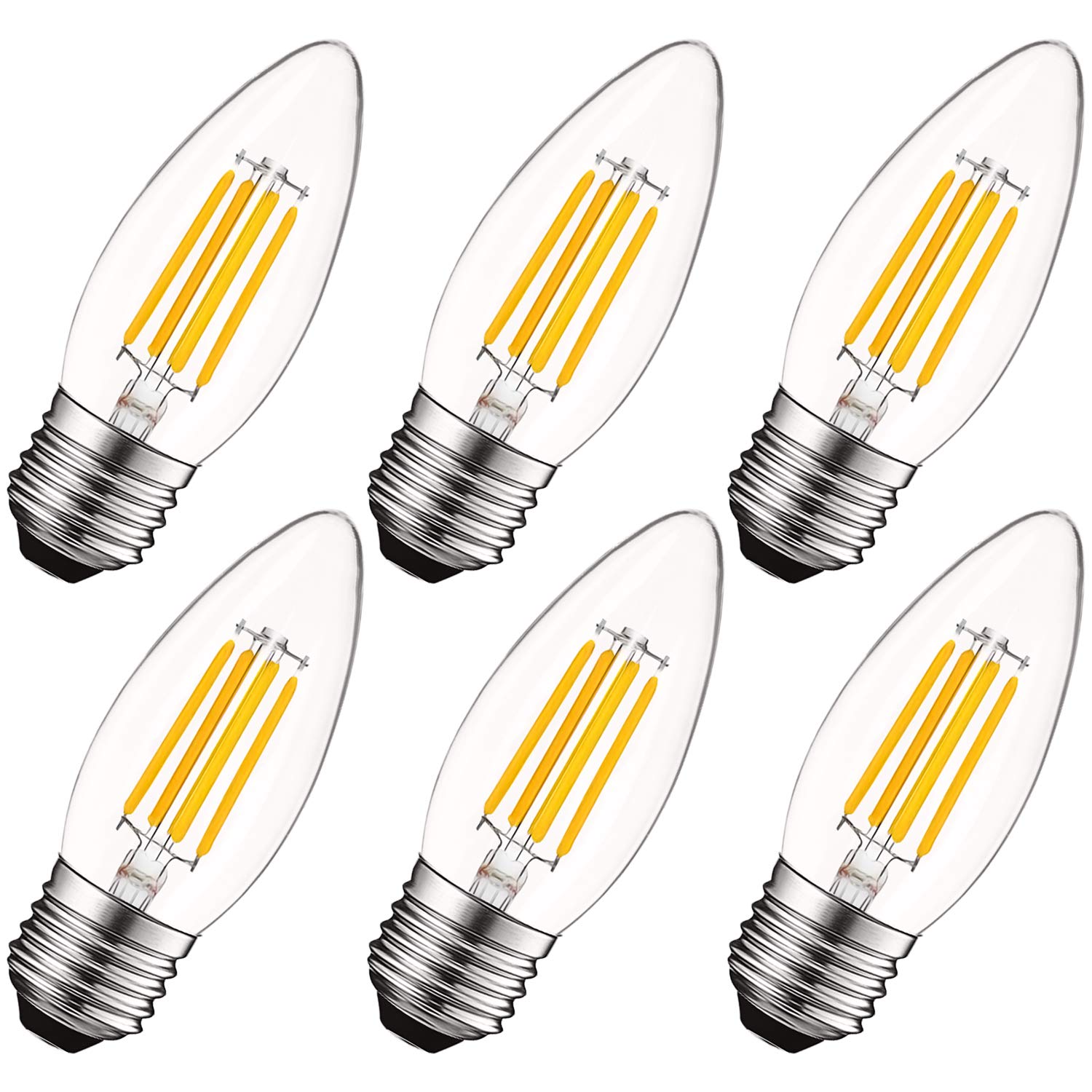LUXRITE 5W Vintage E26 Candelabra LED Bulbs - 60W Equivalent, 550 Lumens, 2700K Warm White Dimmable - Medium Base Edison Filament Light Bulbs with Torpedo Tip Clear Glass - UL Listed (6 Pack) - Perfect for Chandeliers, Wall Sconces & Vintage Style Lighting Fixtures