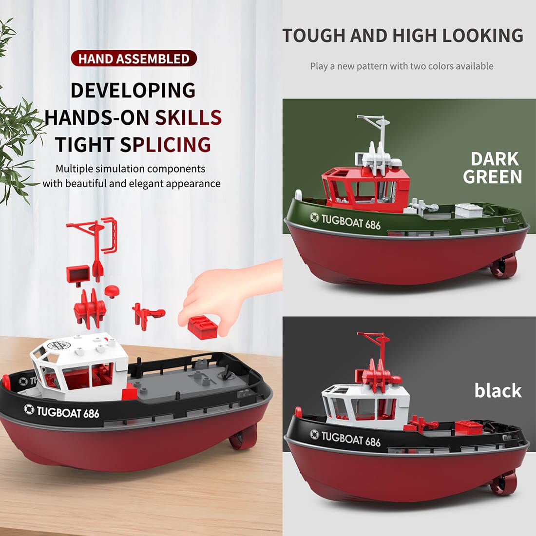 DECI 1:72 Scale 2.4Ghz Remote Control Tugboat - Waterproof RC Electric Boat with Auto Flip Recovery, Ready-to-Run RTR Model for Adults & Kids - Perfect for Pool, Lake or Bathtub Play