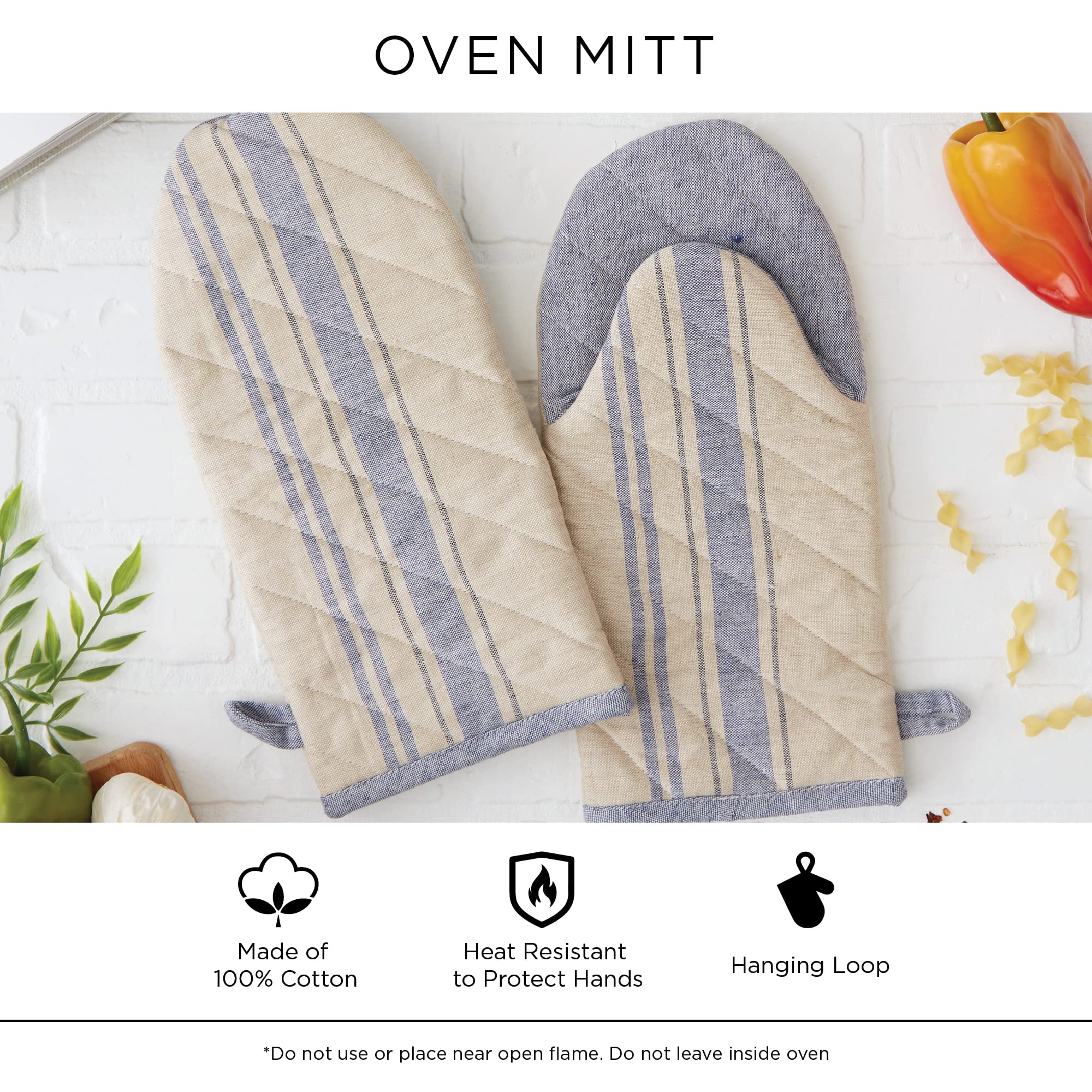 DII French Stripe Oven Mitts Set of 2 - Nautical Blue Kitchen Collection - Heat Resistant Baking Gloves for Cooking, Grilling & Baking - Perfect for Home Kitchen & BBQ Parties