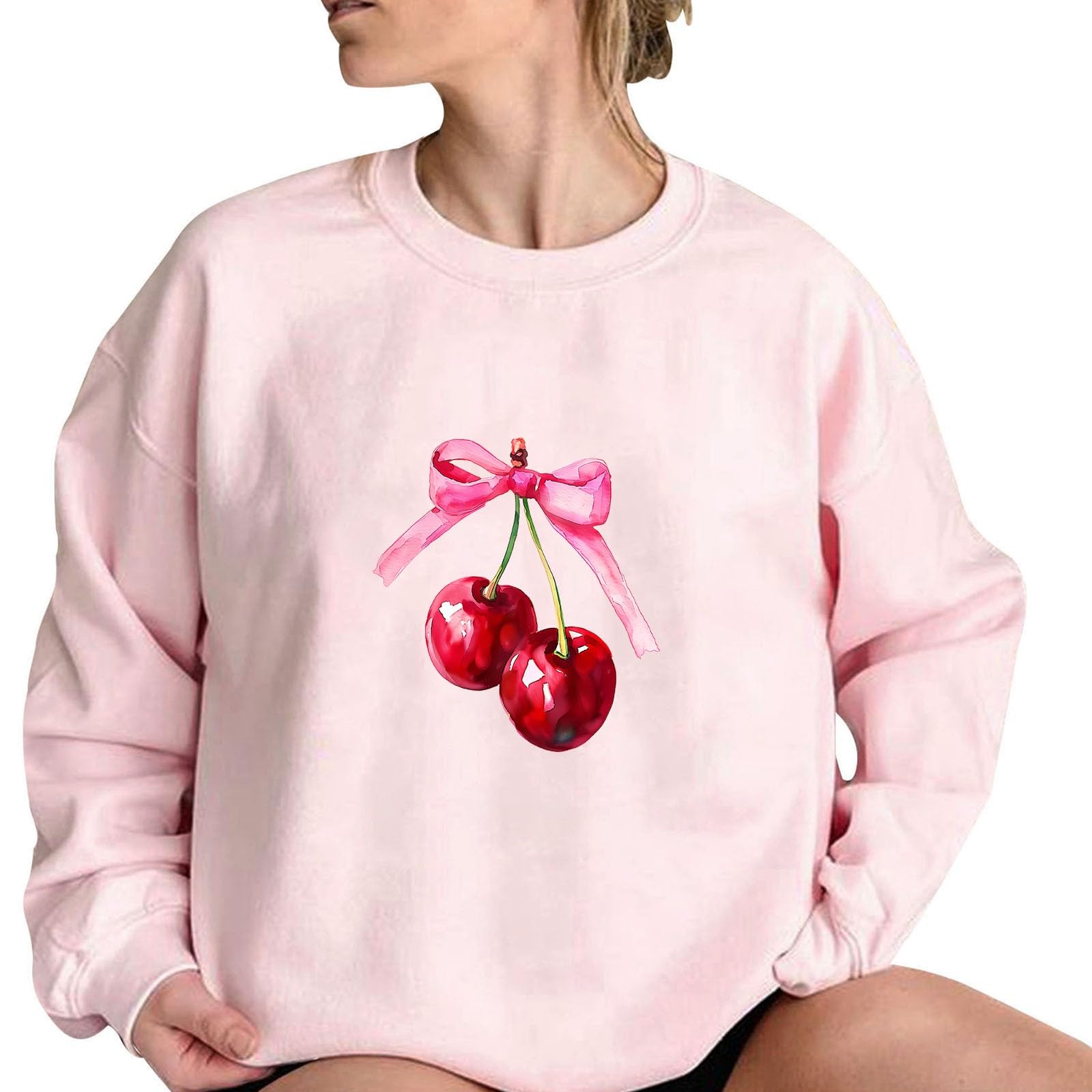 Women's Akklian Cute Cherry Bow Print Oversized Sweatshirt - Kawaii Long Sleeve Pullover for Teen Girls, Preppy Pink Loose Fit, Perfect for Casual Outings and Cozy Days