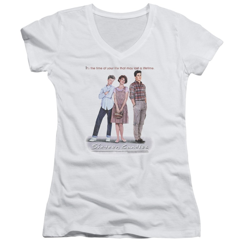 2Bhip Sixteen Candles 1984 Vintage Comedy Movie Poster Juniors V-Neck T-Shirt - White Cotton Tee for 80s Movie Fans & John Hughes Film Lovers | Perfect for Cosplay, Movie Nights & Retro Fashion