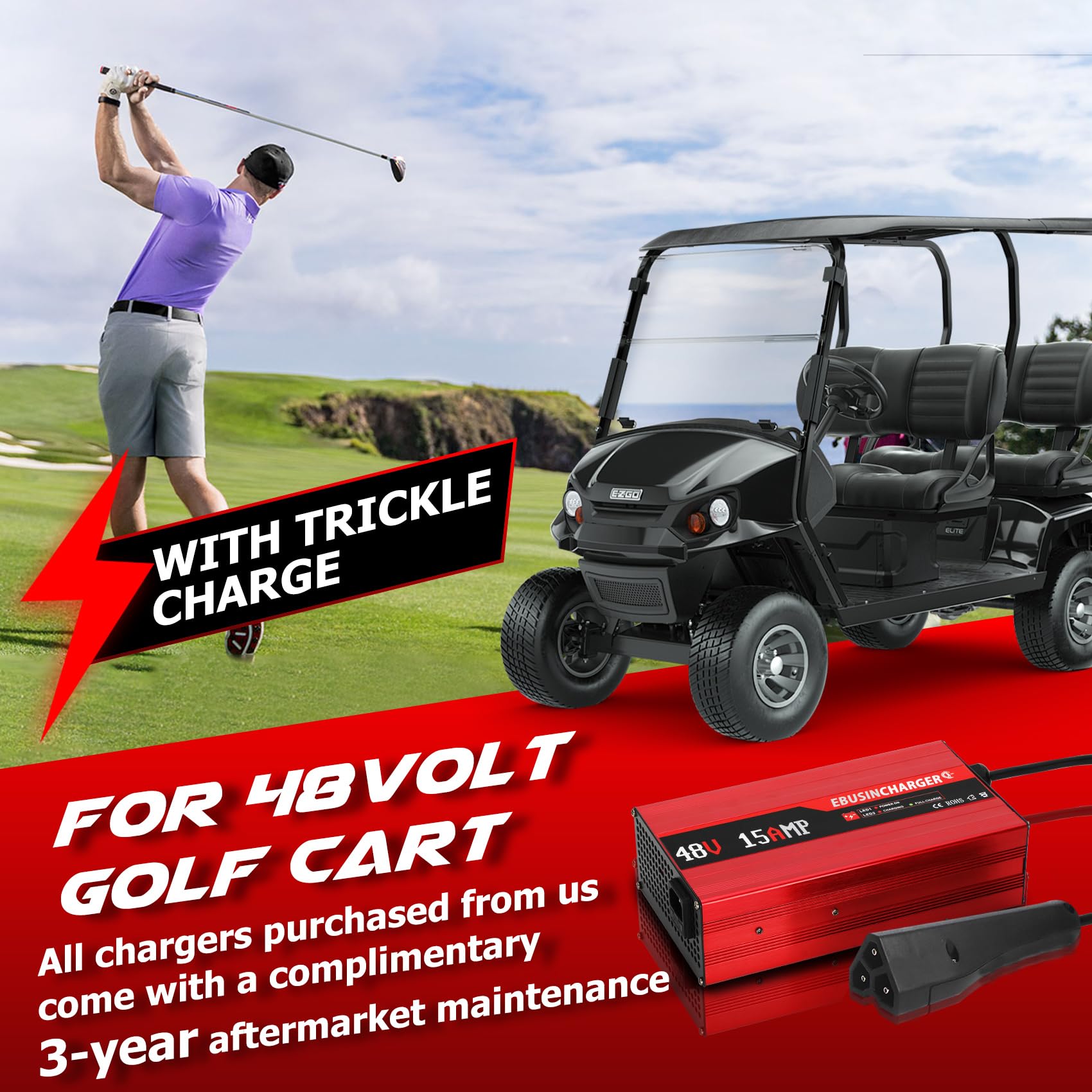 48V 15A Golf Cart Battery Charger for EZGO RXV & TXT - Fast 4-6H Full Charge, Trickle Mode for Lead Acid Batteries - Replacement for EZGO 48V Charger with RXV Plug (5.5Lb) - Perfect for Home, Course & Fleet Maintenance