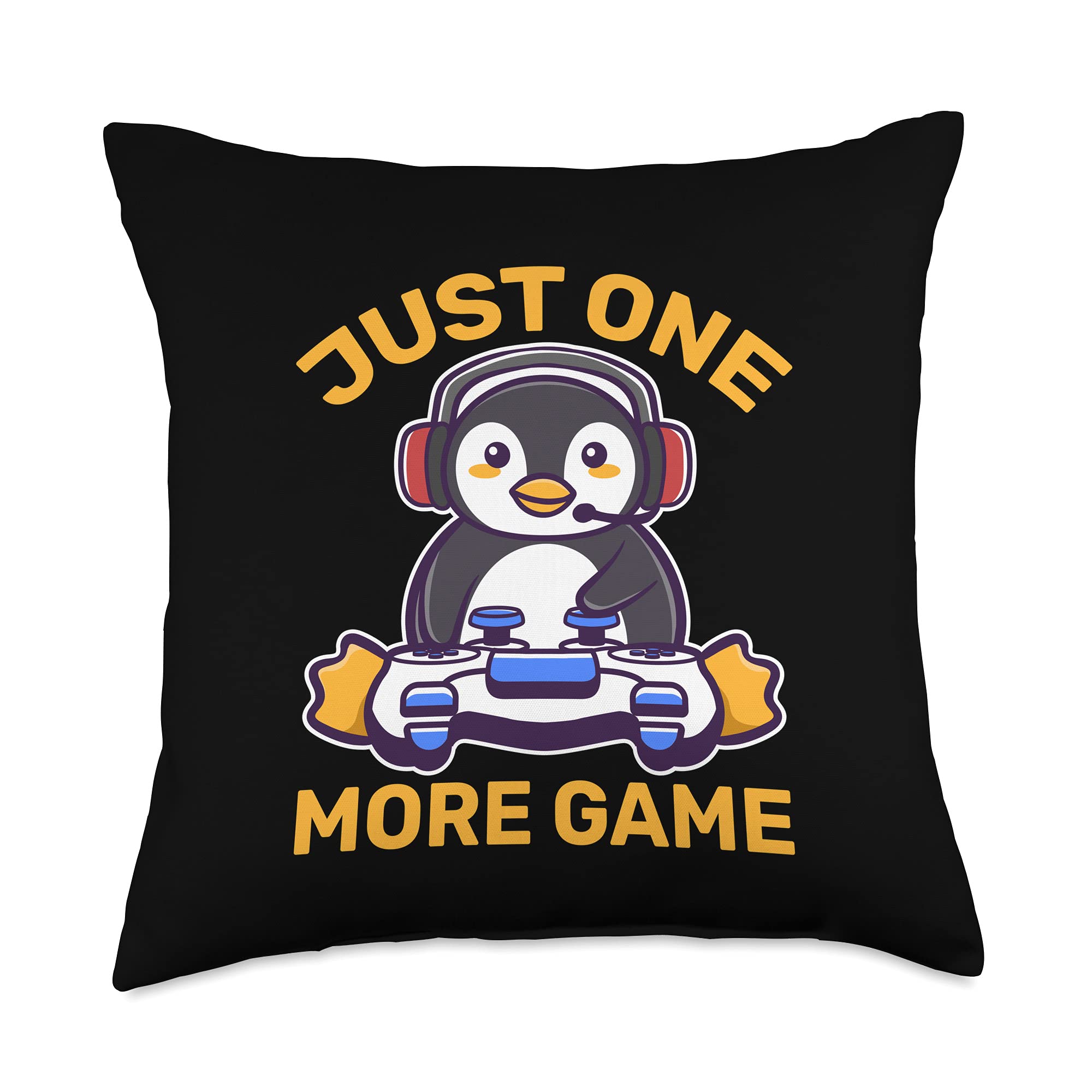 Just One More Game Kawaii Penguin Anime Gamer Throw Pillow - Soft Cute Gaming Decor for Bedroom, Living Room & Office