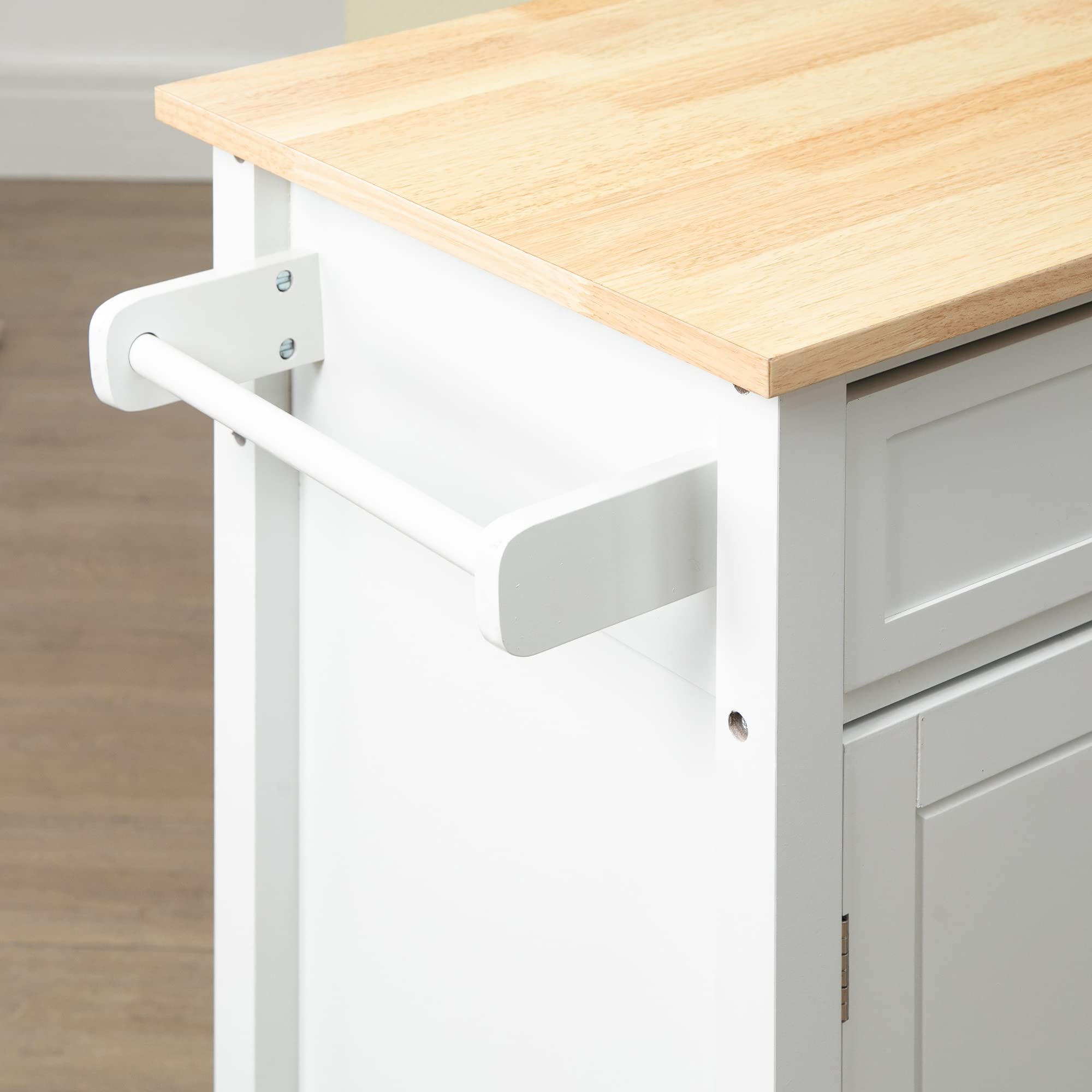 HOMCOM White Kitchen Island Cart with Drawer & Storage Shelf - Solid Wood Top for Dining Room & Small Spaces