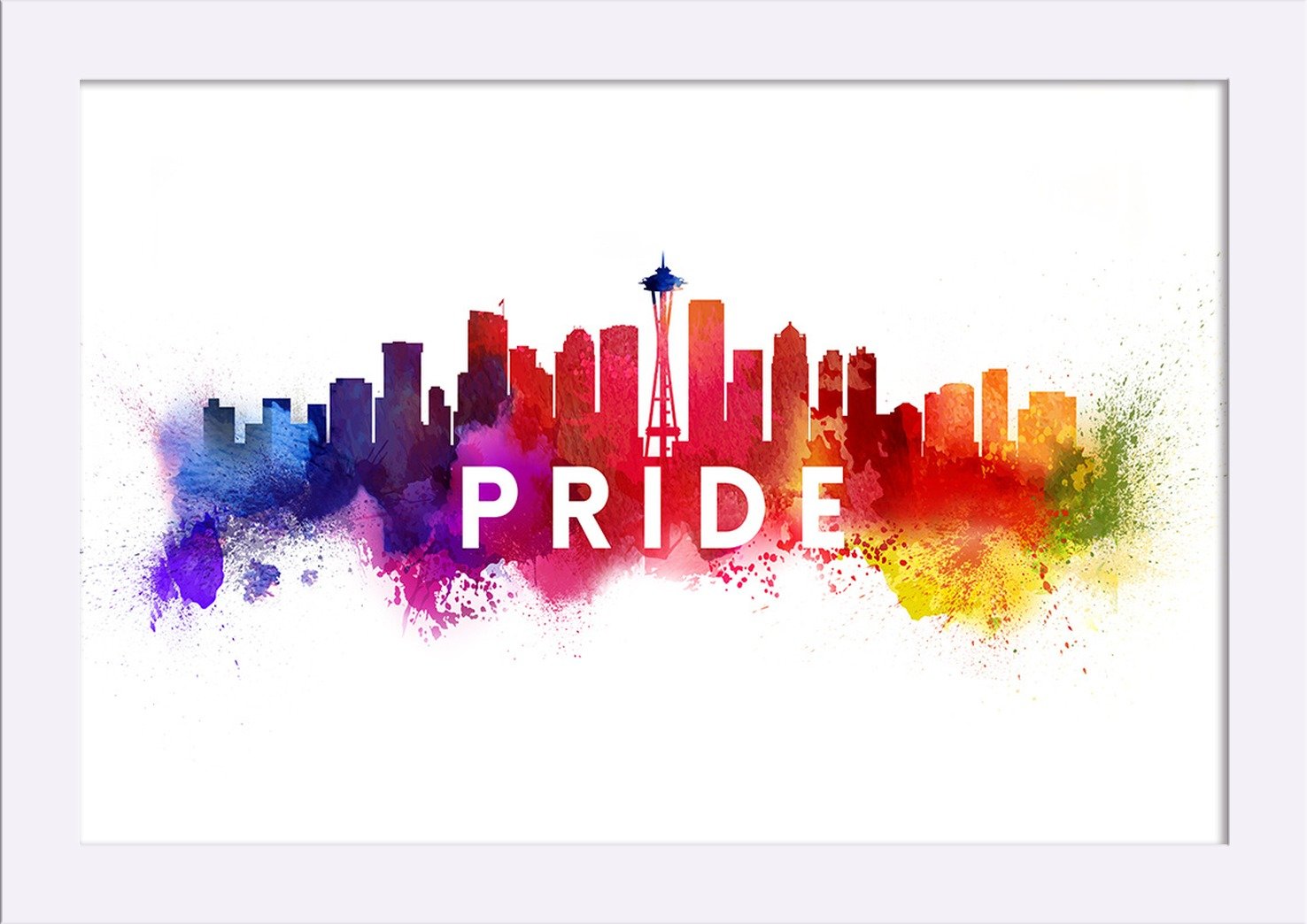 Seattle Washington Gay Pride Skyline Abstract Art Print - 12x18 Giclee Fine Art on Recycled Wood Frame in White - Perfect for LGBTQ+ Home Decor, Office Wall Art & Pride Month Gifts