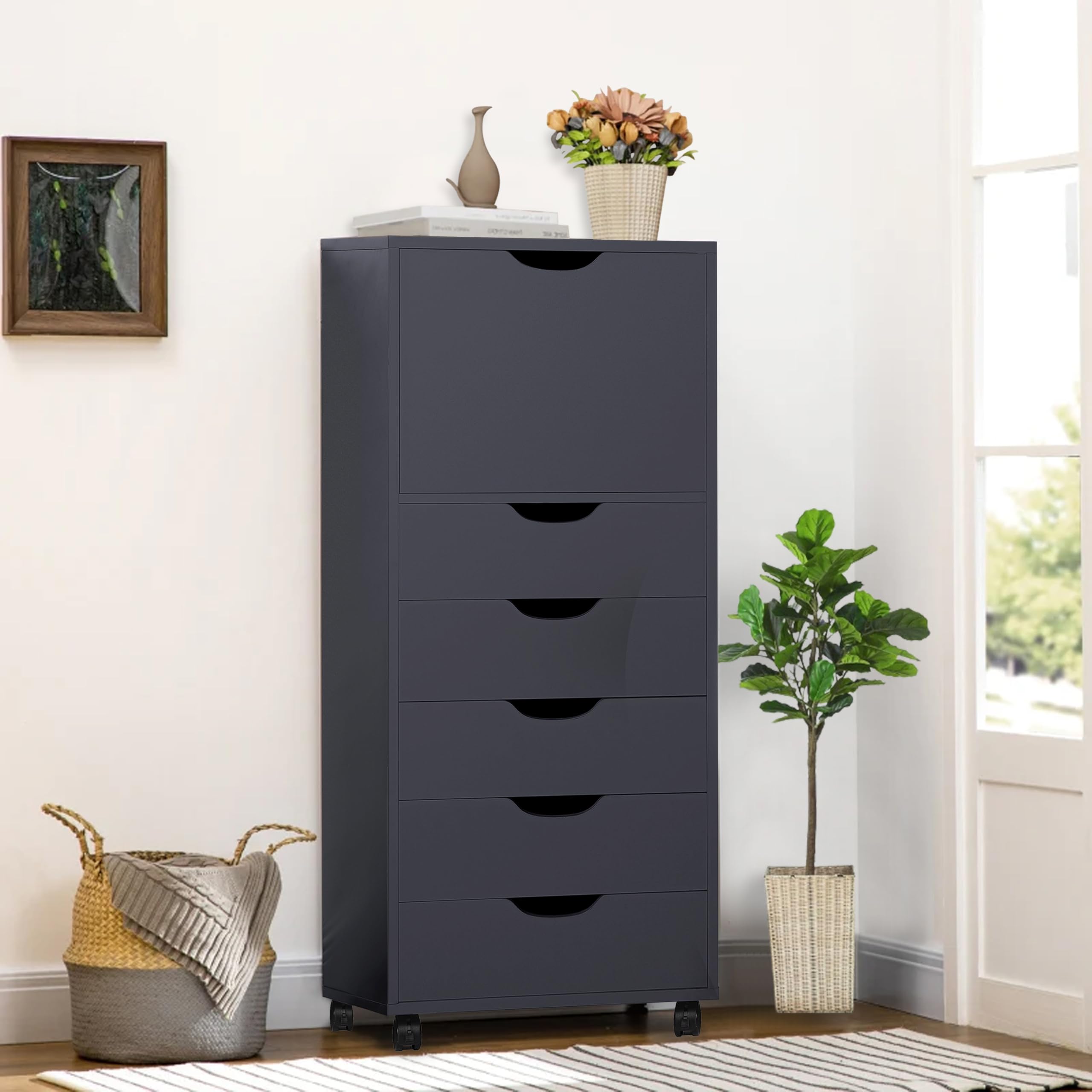 Naomi Home 6-Drawer Tall Dresser Storage Cabinet with Wheels - Wooden Makeup Organizer, Closet Chest for Bedroom, Black | Perfect for Makeup Storage, Closet Organization & Small Space Furniture
