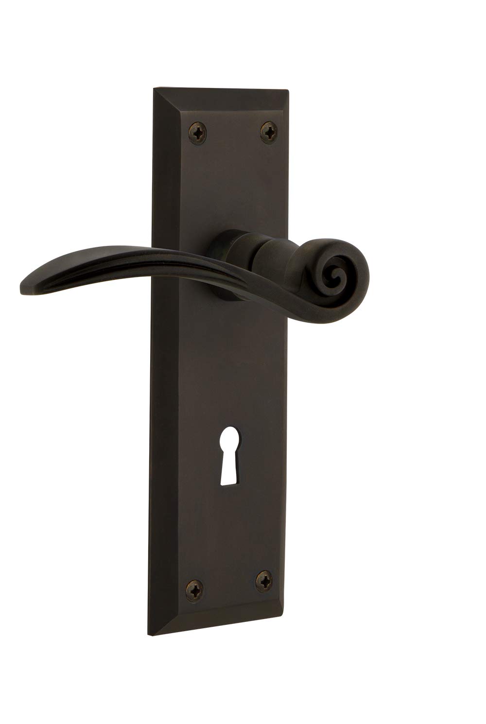 Nostalgic Warehouse New York Plate Passage Door Knob with Keyhole - Swan Lever in Oil-Rubbed Bronze - Vintage Style Entry Door Hardware for Home & Office