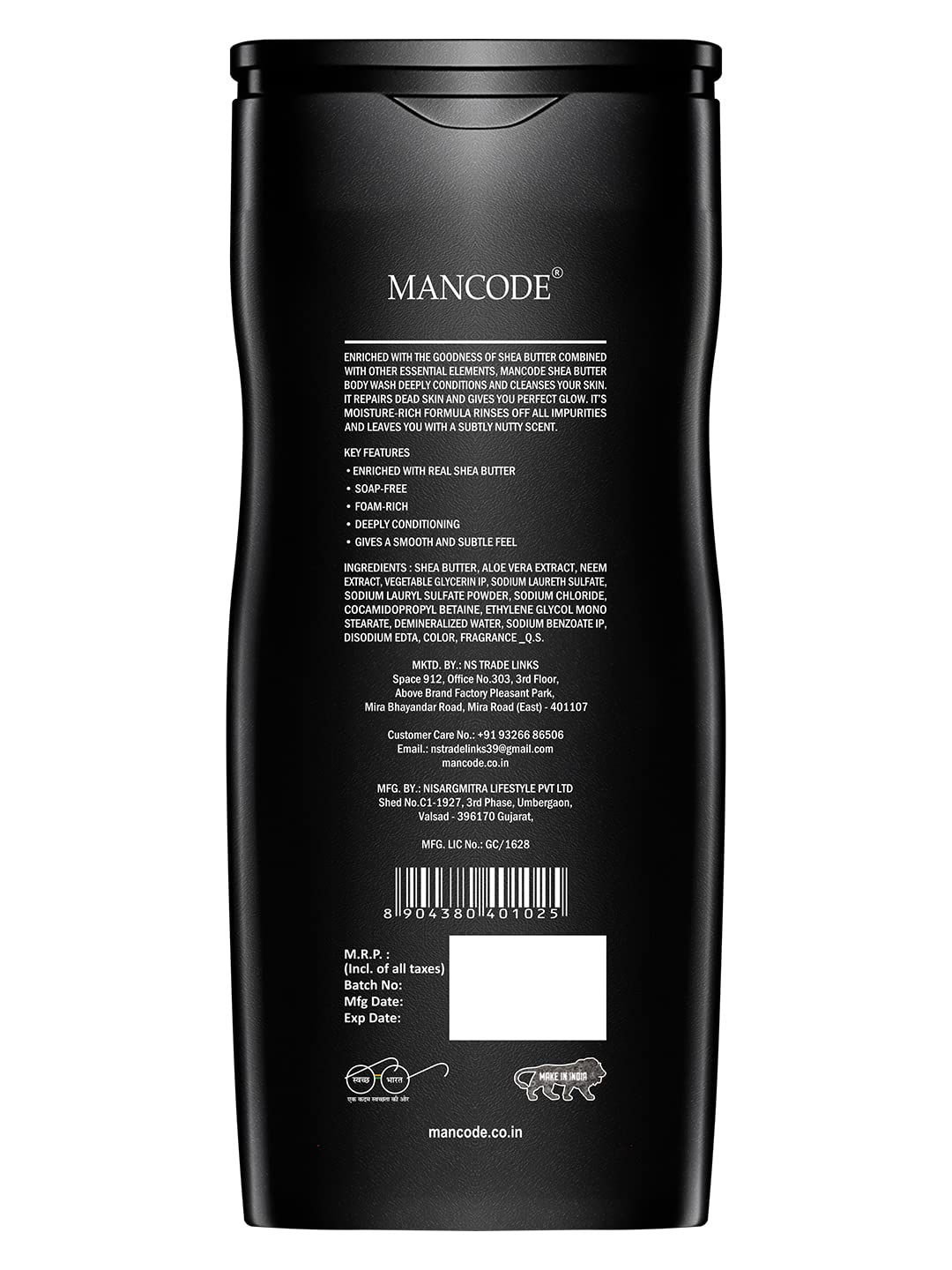 Mancode Shea Butter Body Wash for Men - 450ml Moisturizing Shower Gel with Natural Oils & Shea Butter | Oil Control & Odor Protection | Face & Body Cleanser | Perfect for Gym, Travel & Daily Use (Pack of 1)