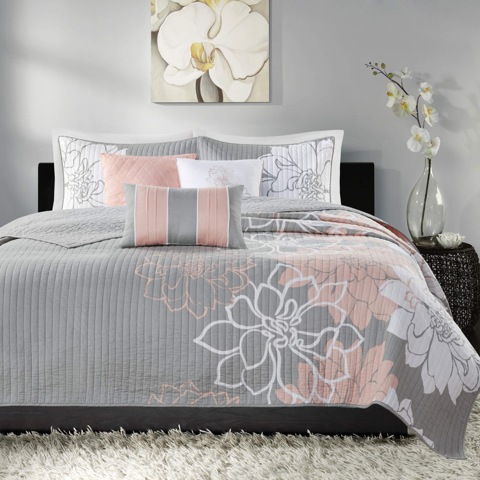 Madison Park Lola 100% Cotton Quilt Set - Floral Channel Stitch Design All Season Lightweight Bedspread with Shams & Decorative Pillows, Full/Queen Size (90x90 Inches), Blush 6-Piece Set | Perfect for Master Bedroom, Guest Room & Cozy Home Decor