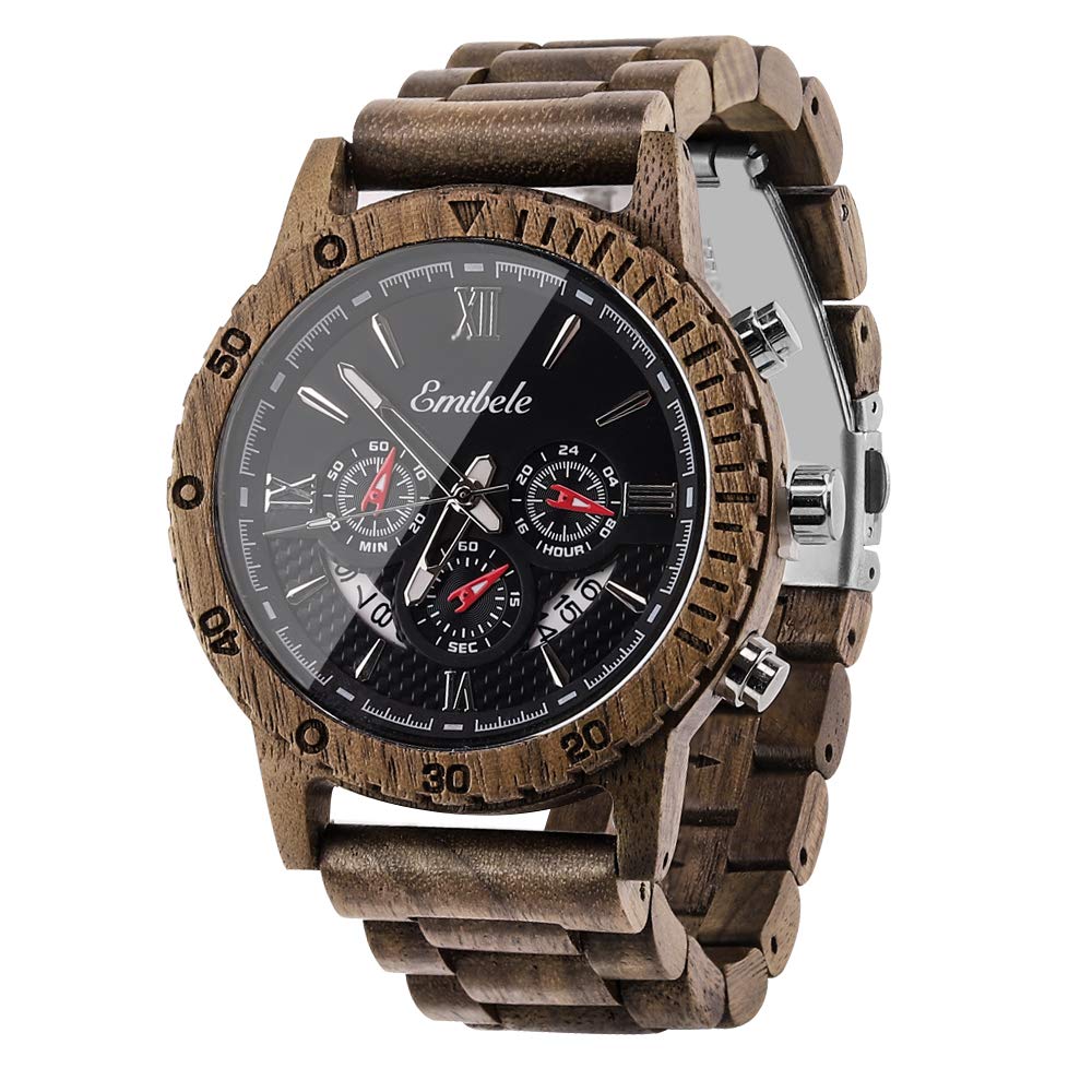 Emibele Men's Wooden Watch - Stylish Date Display Chronograph Military Quartz Wristwatch with 3 Sub-Dials | Handmade Lightweight Casual Luminous Watch for Outdoor, Business & Everyday Wear