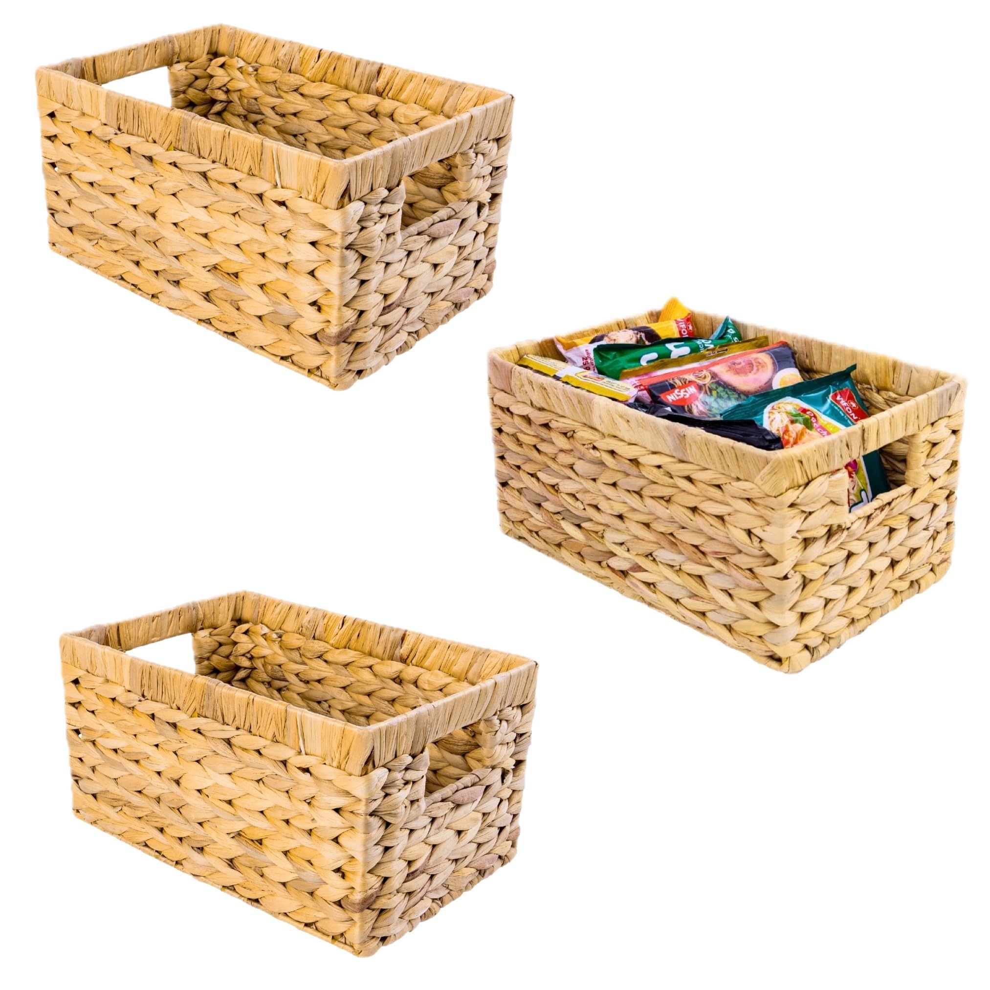 Natural Water Hyacinth Storage Baskets Set of 3 - Rectangular Woven Wicker Baskets with Built-in Handles for Home Organization | Perfect for Living Room, Bedroom, Bathroom & Nursery Storage