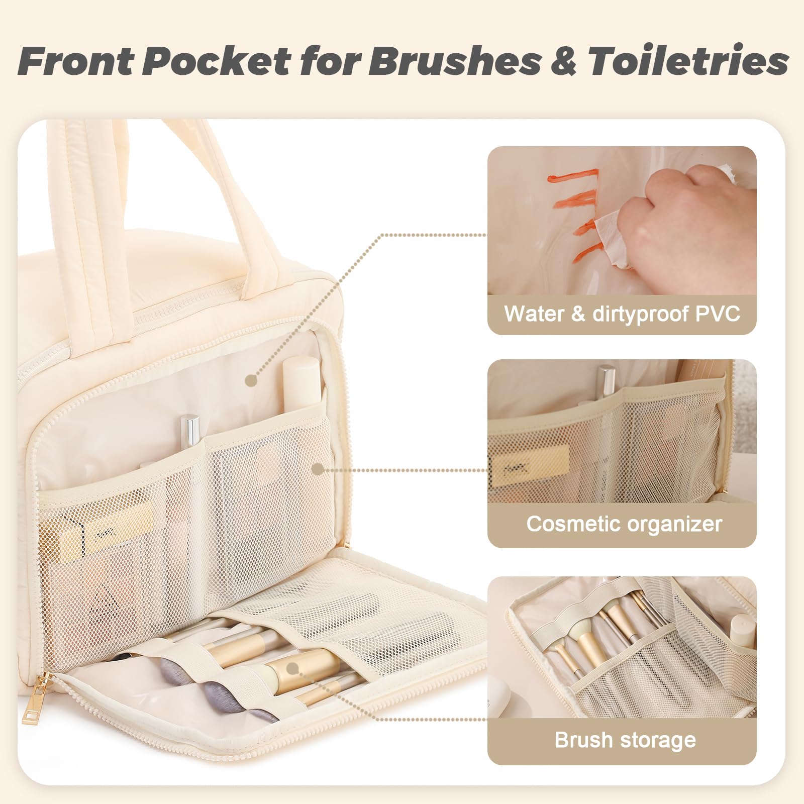 Premium Large Travel Toiletry Bag for Women - Waterproof Cosmetic Organizer with Wide Handle & Adjustable Shoulder Strap, XL Makeup Bag with Dry-Wet Separation - Ideal for Vacation, Gym, Business Trips & Daily Essentials (Cream)