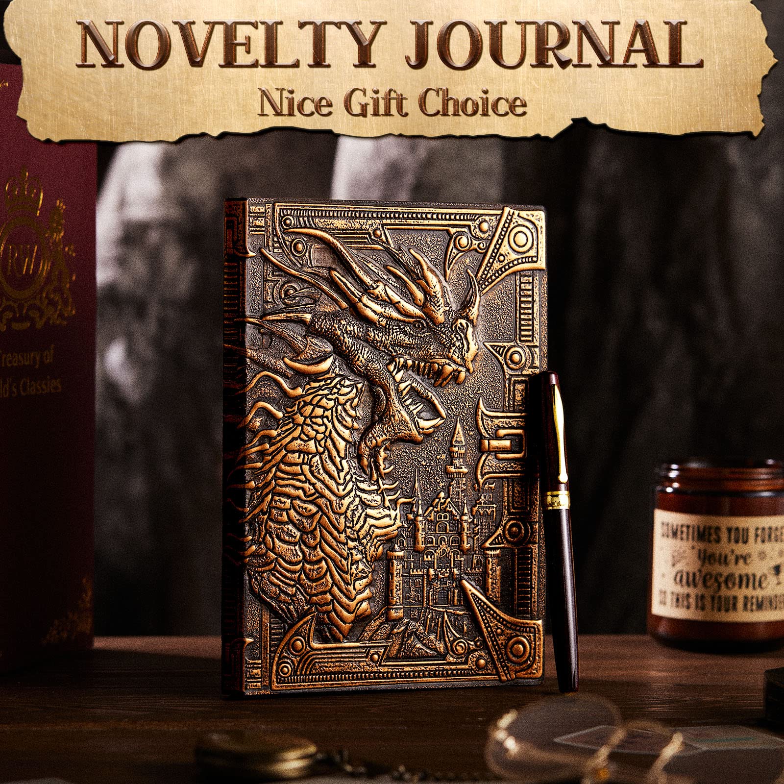 Antique Dragon Embossed Leather Journal Notebook - A5 Hardcover Lined Paper Writing Diary with Pen, Executive Travel Gift for Women & Men (Dark Red) - Perfect for Journaling, Note Taking, and Creative Writing
