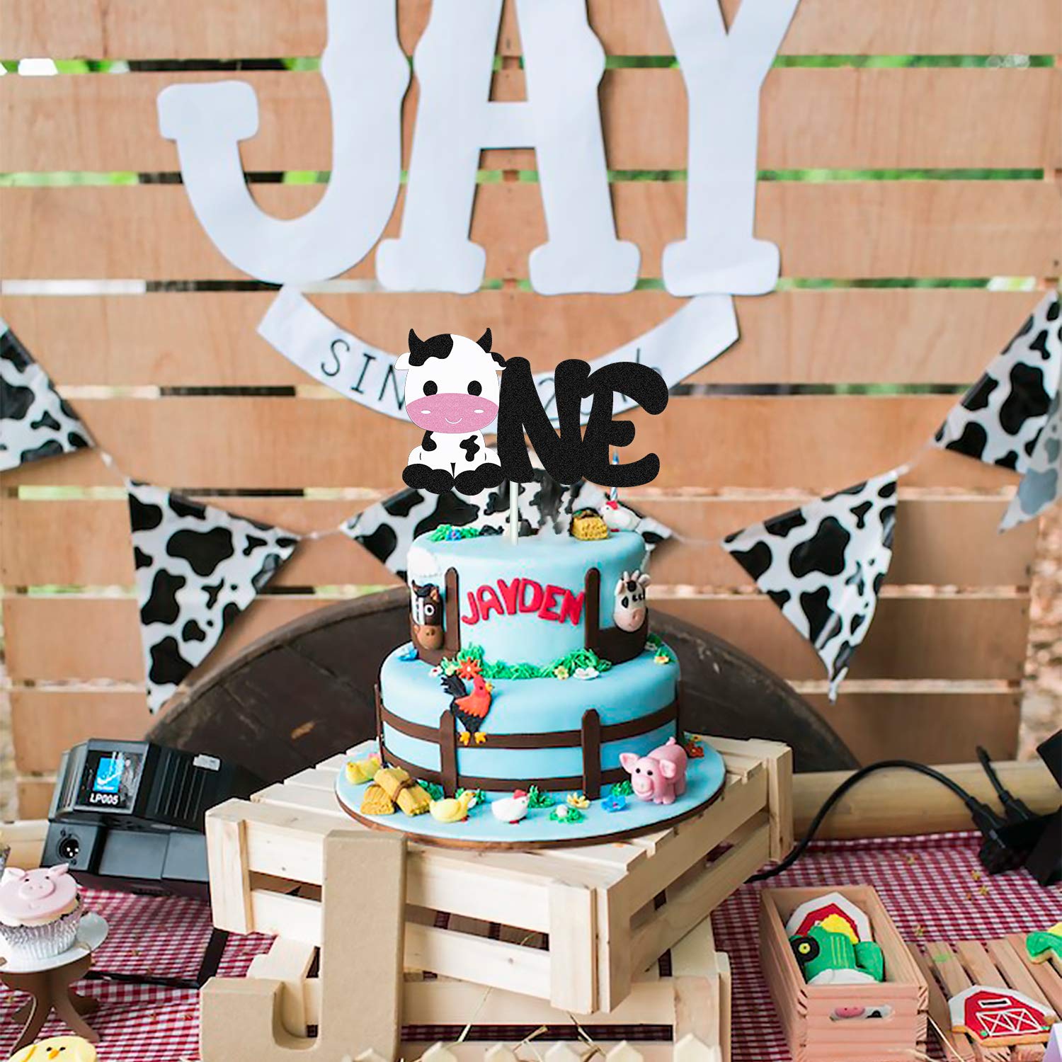 Happy 1st Birthday Cow Cake Topper - Double Sided Black Sparkle Farm Animal Cake Decorations for Cow Themed Birthday Parties, Zoo Celebrations & First Year Milestones - Perfect for Baby Showers, Farm Birthday Cakes & Nursery Decor