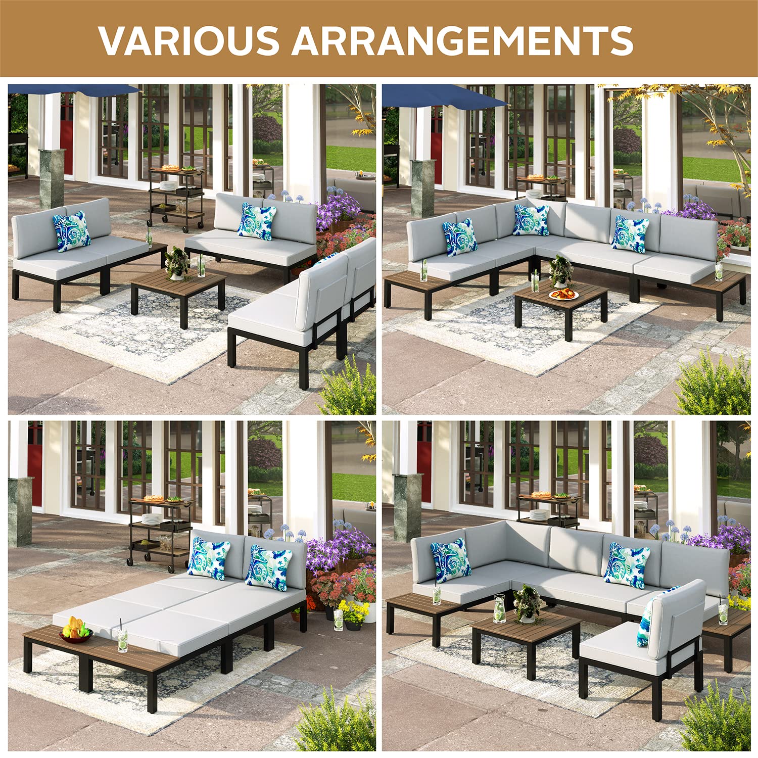 PHI VILLA 6-Piece Metal Outdoor Sectional Sofa Set with Coffee Table & Cushions - Wrought Iron Patio Conversation Set, Light Grey Garden Furniture for Backyard, Poolside & Terrace Relaxation