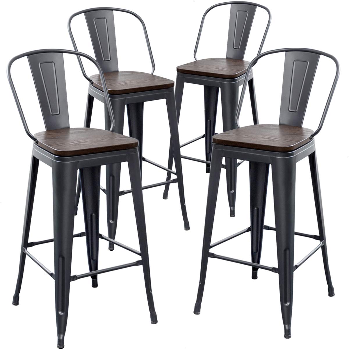 Aklaus 30 Inch Metal Bar Stools Set of 4 - Matte Black Bar Height Stools with Backs & Larger Seat - Modern Farmhouse Kitchen & Dining Chairs for Home, Restaurant, and Bar Use