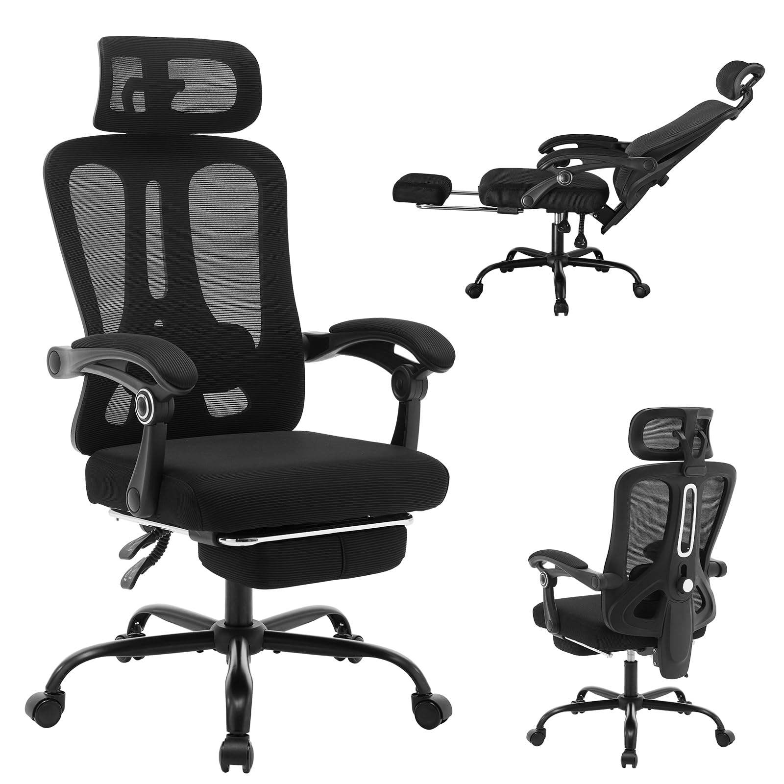 Ergonomic Office Chair with Adjustable Lumbar Support & Footrest - High Back Mesh Computer Chair with Headrest, 360° Swivel Executive Task Chair (Black) - Perfect for Home Office, Gaming & Workspaces