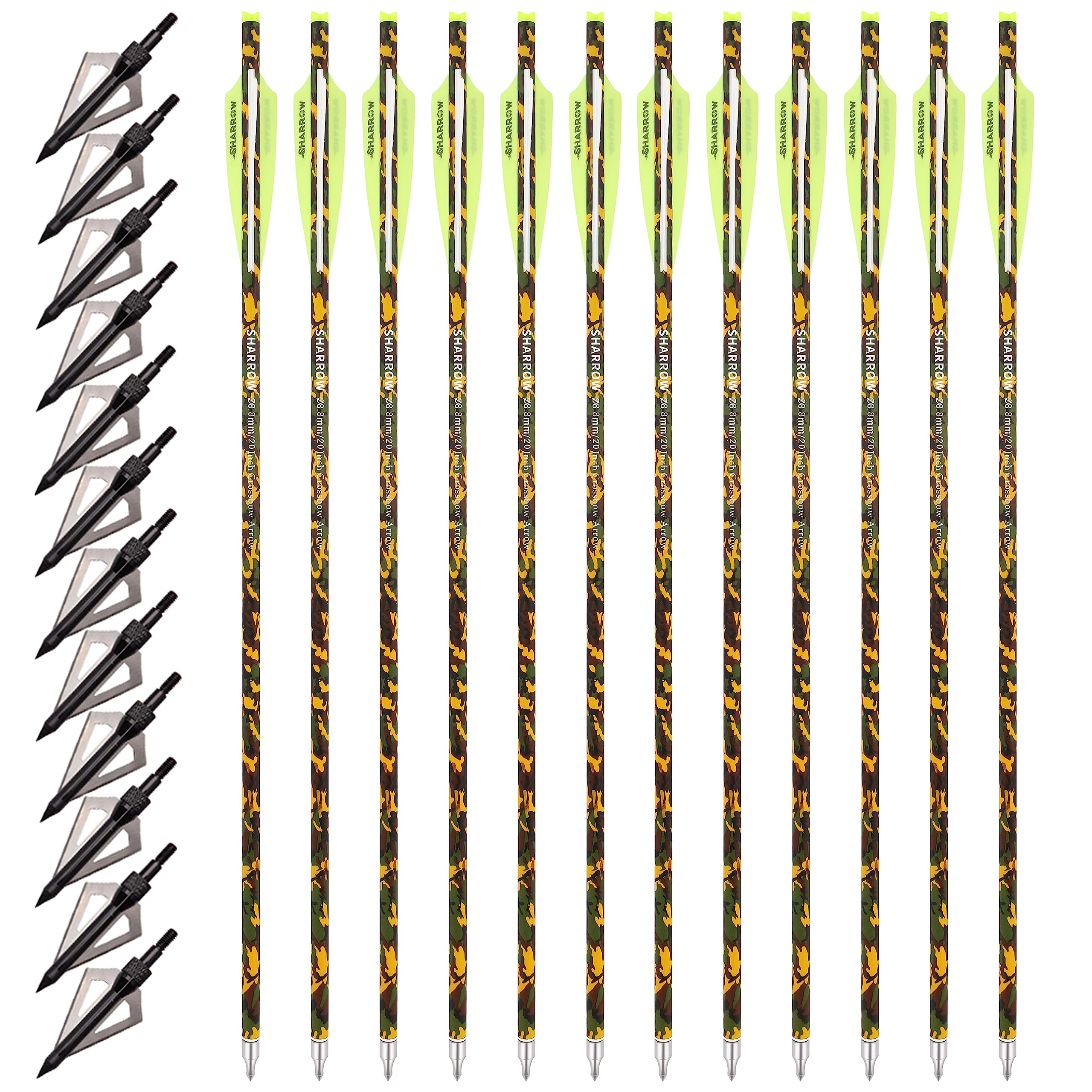 ZSHJGJR 16-22 Inch Carbon Crossbow Arrows with Screw-in Hunting Broadheads - Camo Shaft for Precision Crossbow Hunting and Target Shooting (6/12PCS)