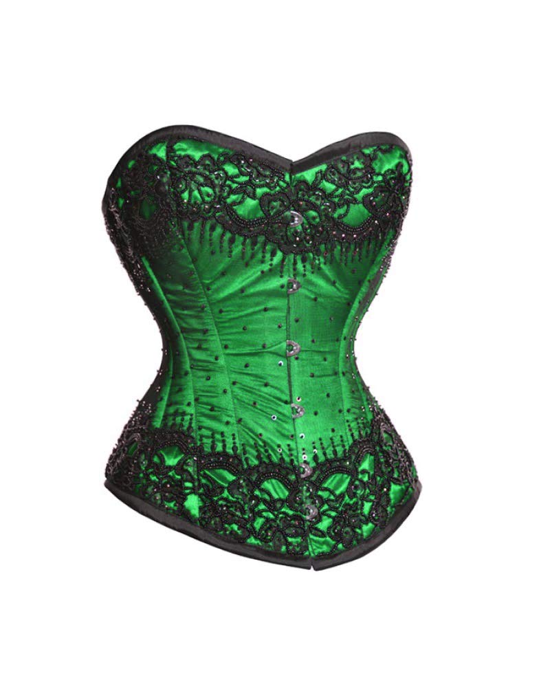 Black Sequin Green Satin Overbust Corset - Gothic Burlesque Costume for Halloween, Cosplay, Lingerie & Steampunk Fashion