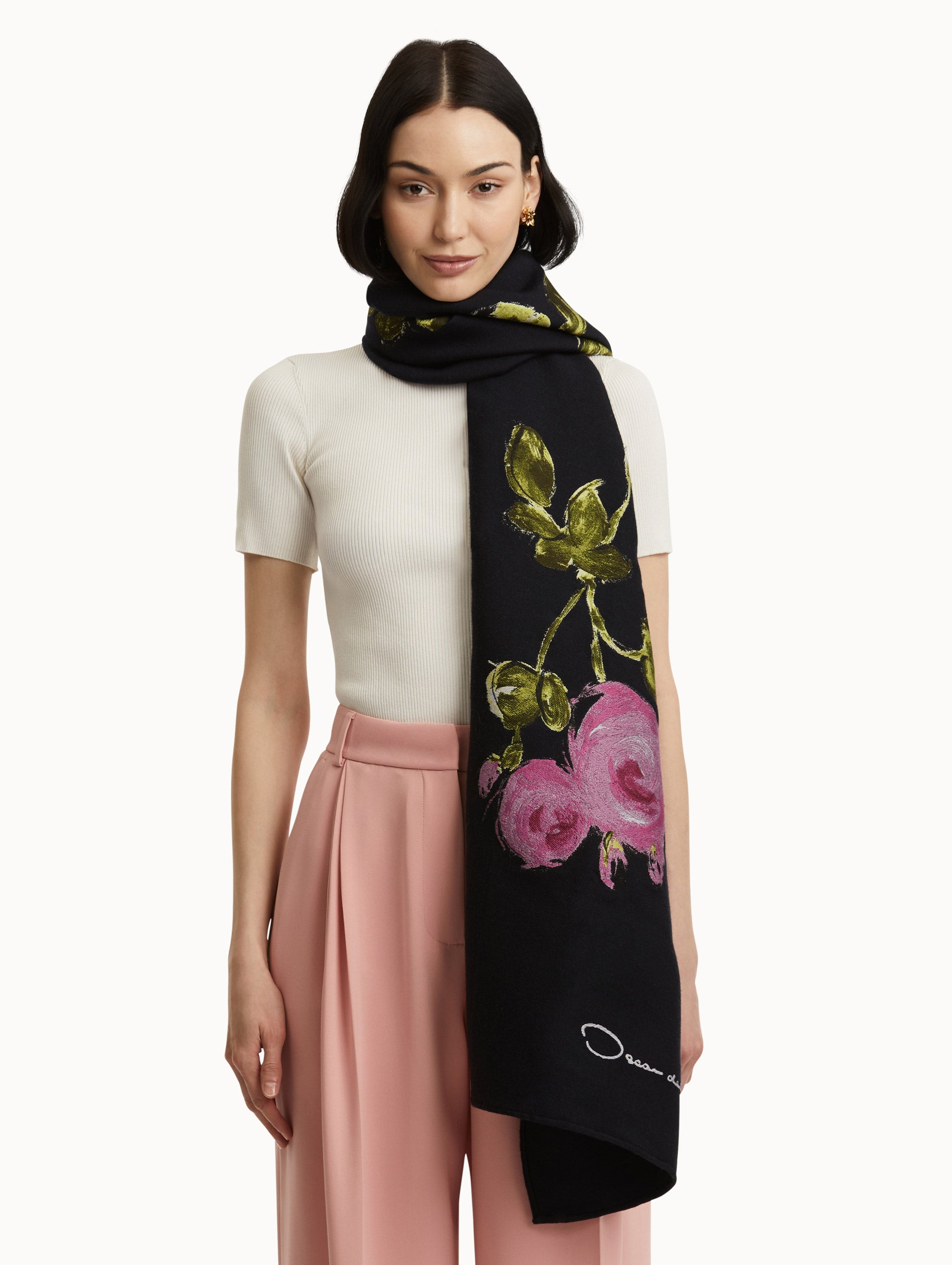 Stylish Painted Roses Wool Blend Scarf - Soft Winter Fashion Accessory for Women | Perfect for Cold Weather, Office Wear & Holiday Outfits