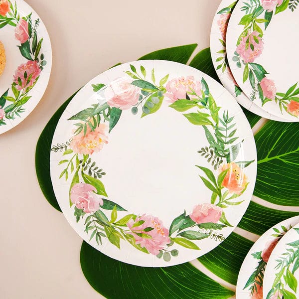 25 Pack White Round Disposable Paper Plates with Floral Wreath Design - Elegant Party Tableware for Weddings, Baby Showers & Garden Events