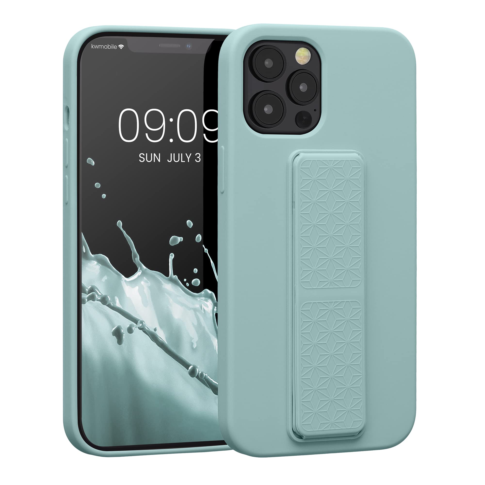kwmobile Shockproof Case for Apple iPhone 12 Pro Max - Soft TPU Silicone Cover with Hand Strap & Kickstand - Mint Green - Perfect for Outdoor Activities, Travel & Daily Protection