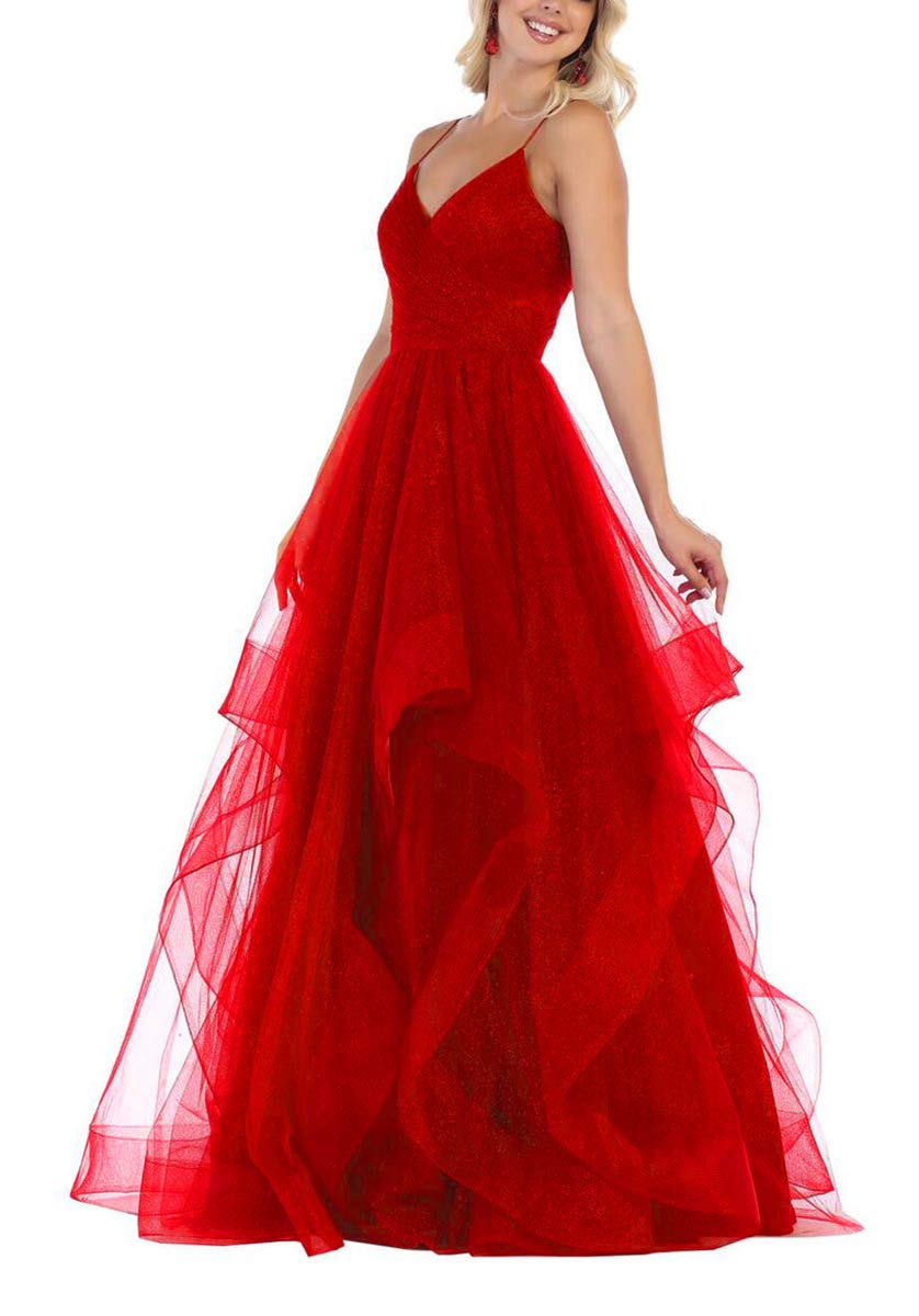 Sparkly Red Tulle Prom Ball Gown with Layered Skirt & Spaghetti Straps - Elegant Long Evening Dress for Homecoming, Quinceañera & Formal Events