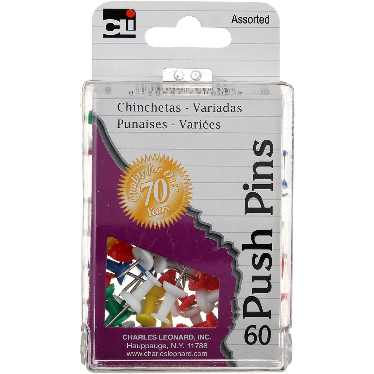 Charles Leonard Push Pins in Reusable Box - 60 Assorted Color Thumb Tacks for Office, School & Home Bulletin Boards (79060)