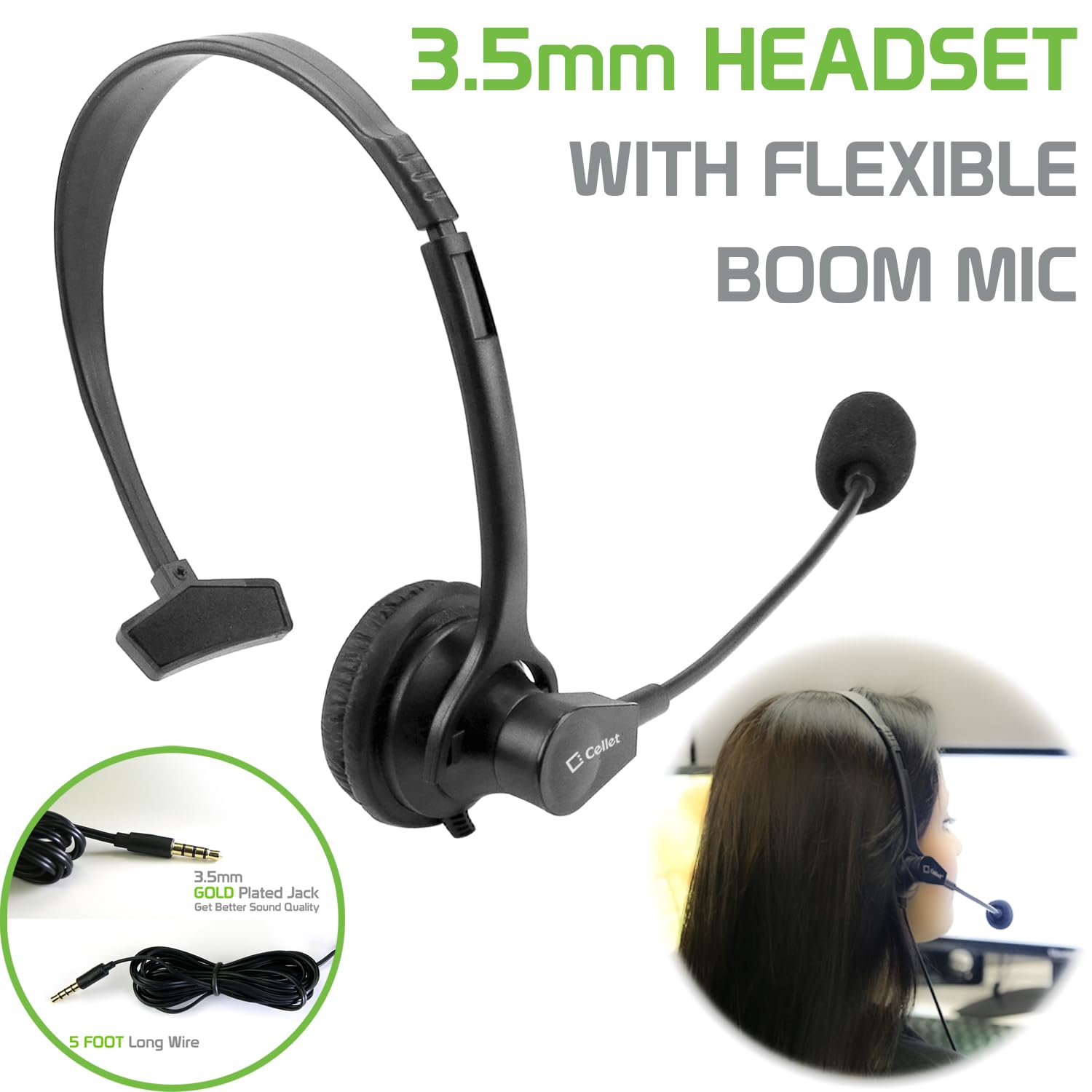 Premium Mono 3.5mm Hands-Free Headset with Boom Mic - 5ft Cord for iPhone, Samsung, LG, Motorola & More | Noise-Canceling for Calls, Gaming, Office & Remote Work