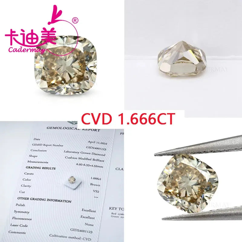 CaderMay Cushion Cut 1.777ct VS2 Clarity Brown CVD Lab-Grown Loose Diamond for Jewelry Making - Engagement Rings, Necklaces & Custom Jewelry Designs