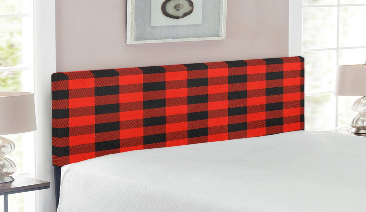 Ambesonne Plaid Upholstered Headboard - Buffalo Check Pattern Retro Style Queen Size Bed Frame in Orange & Black | Memory Foam Padding for Comfort | Perfect for Cabin, Farmhouse & Rustic Bedroom Decor