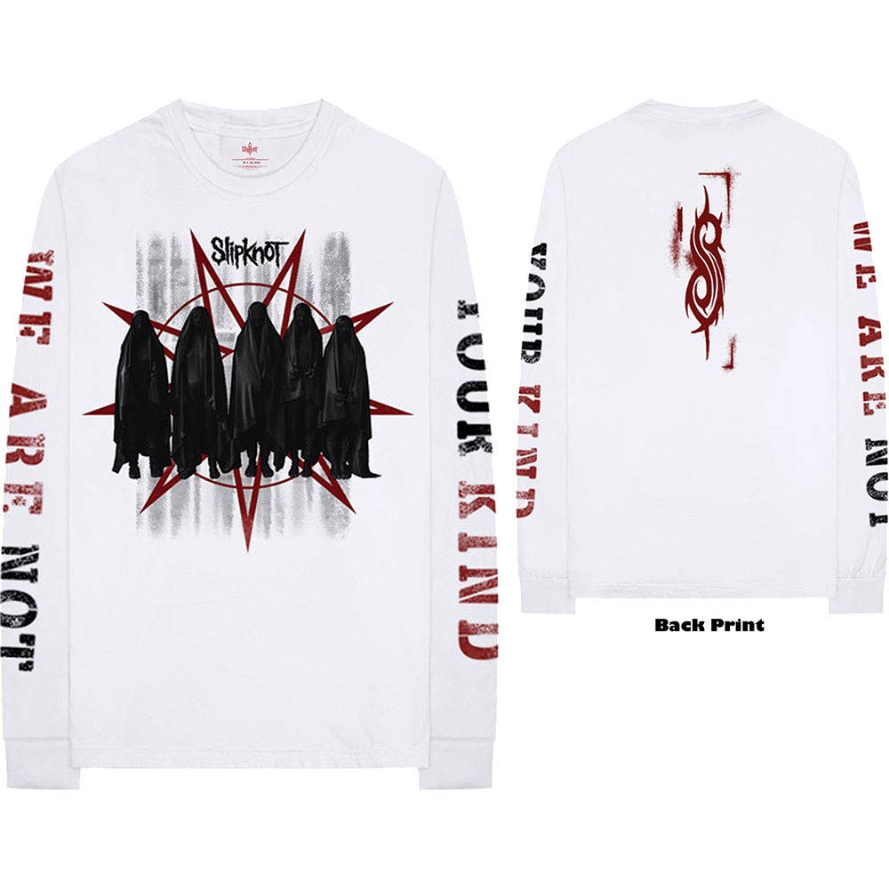 Slipknot Official Men's Long Sleeve T-Shirt - Shrouded Group Back & Arm Print - Medium Size White Cotton Tee - Perfect for Concerts, Halloween & Metal Fan Gifts
