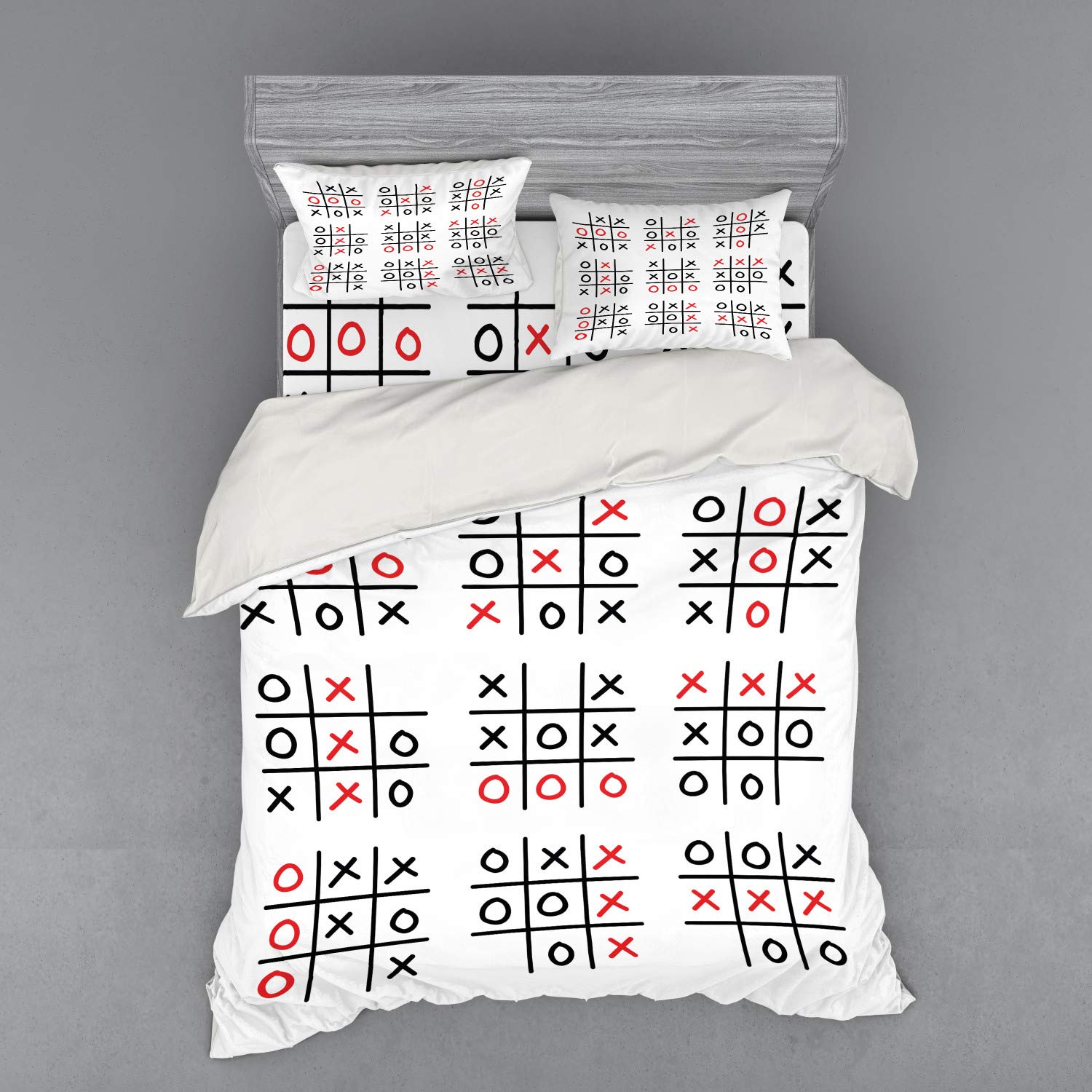 Ambesonne XO Game Doodle Bedding Set - 3 Piece Queen Duvet Cover with Sham & Fitted Sheet - Black White Red Tic Tac Toe Design - Perfect for Game Rooms, Teen Bedrooms & Fun Themed Decor