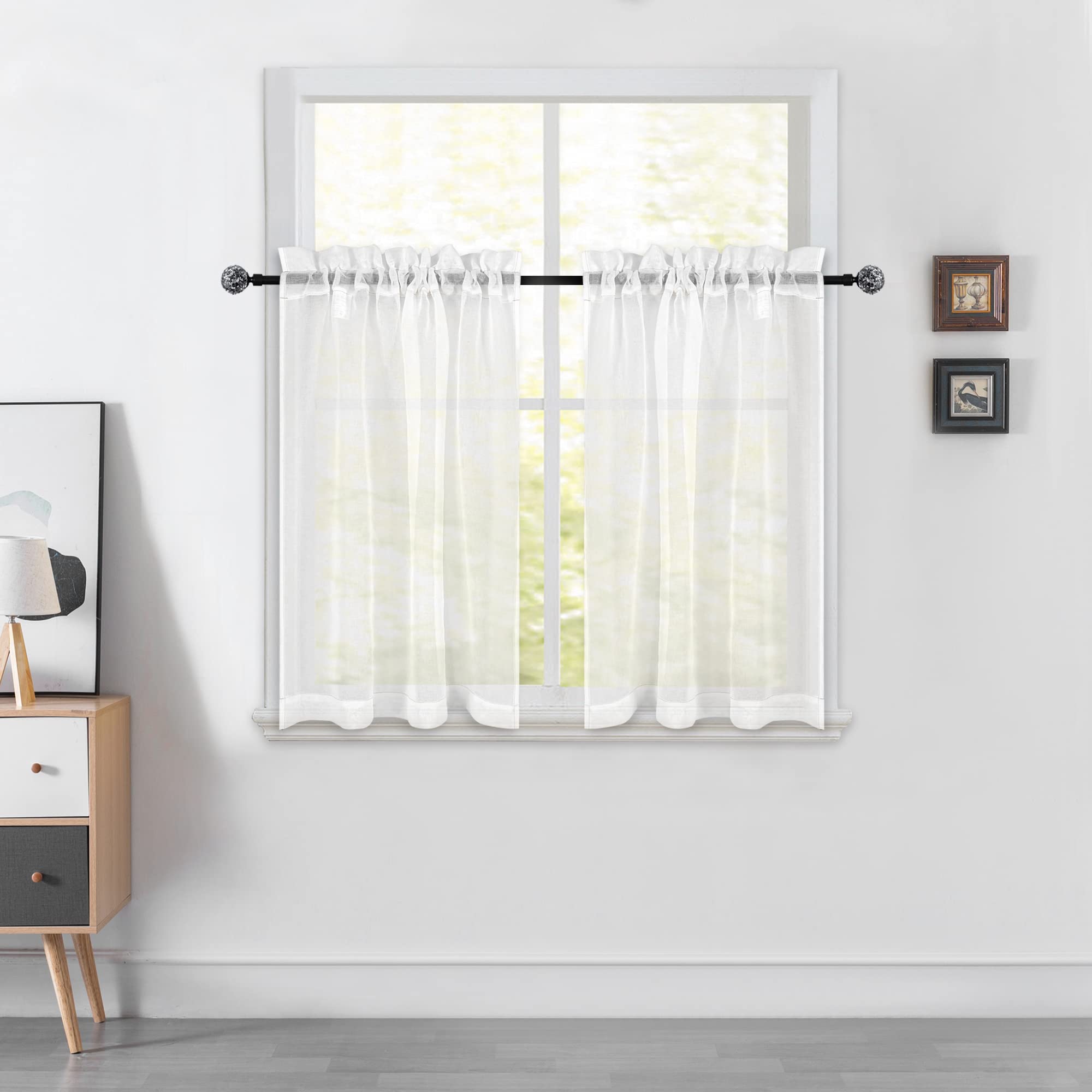 36 Inch White Sheer Kitchen Curtains - Rod Pocket Tier Cafe Curtains, Linen-Like Semi-Sheer Drapes for Privacy, Perfect for Basement Bathroom & Small Windows (34x36 Inch) | Ideal for Kitchen, Cafe, Half Window & Home Decor